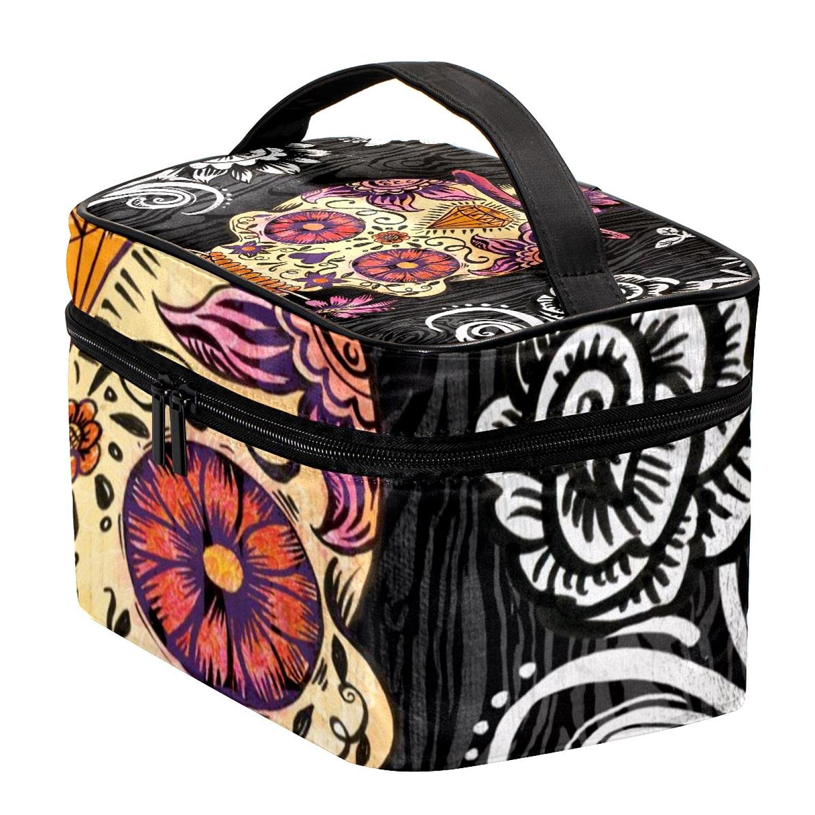 Stylish Sugar Skull & Daisy Print Large Travel Makeup Bag - Waterproof Cosmetic Organizer with Zipper for Women & Girls | Perfect for Vacation, Gym, Beach Trips & Daily Essentials Storage