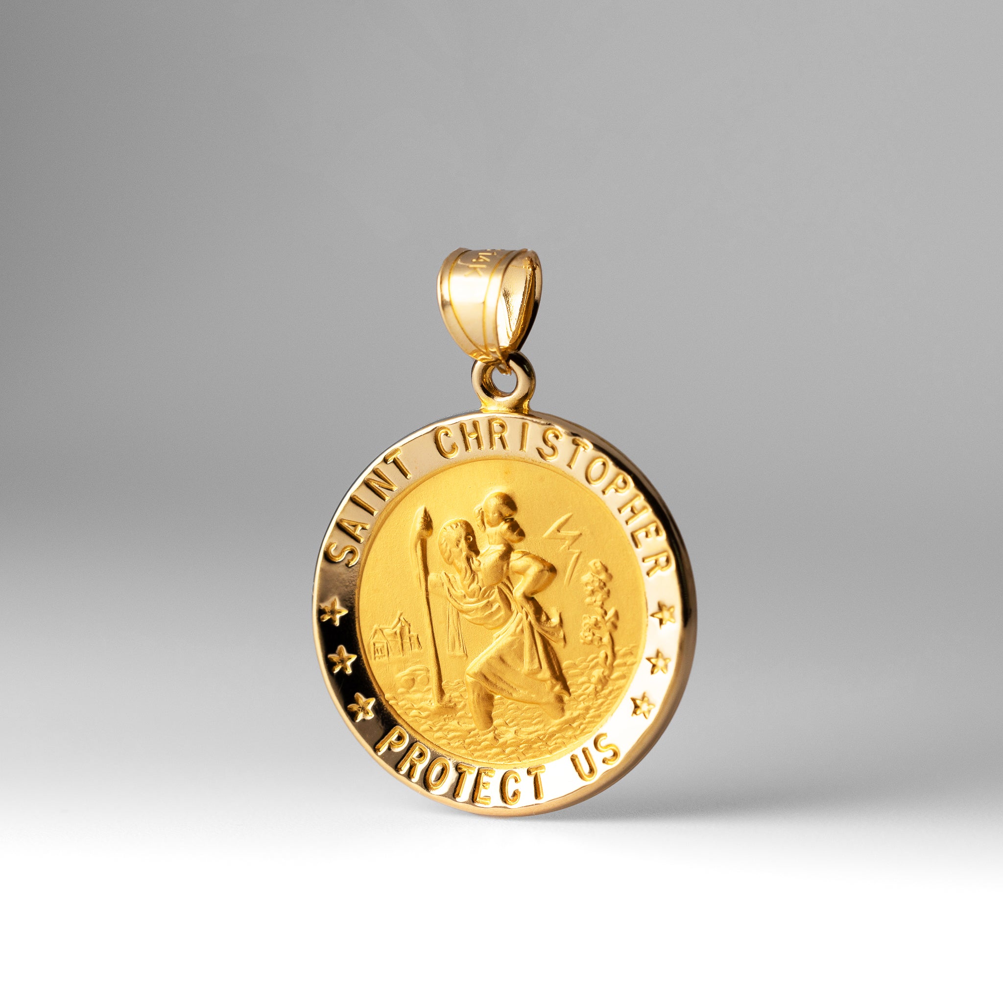 Gold Large Saint Christopher Round Hollow Medal Pendant Model 1239 - Religious Jewelry for Men & Women - Perfect for Travel Protection, Gifts & Faith-Based Accessories