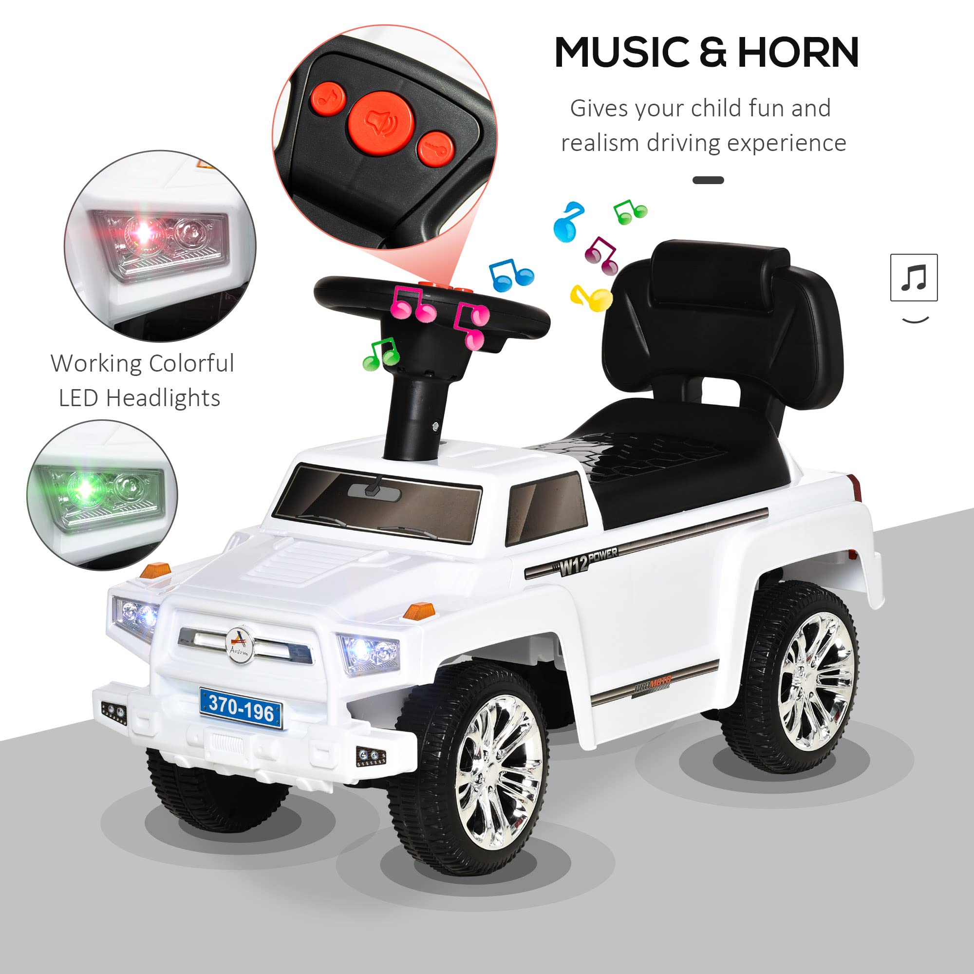 Aosom Kids Ride-On Push Car - SUV Style Sliding Walking Toy for Toddlers with Horn, Music, LED Lights, Hidden Storage & Anti-Tip Safety System - White | Perfect for Indoor & Outdoor Play, Birthday Gifts & Early Childhood Development
