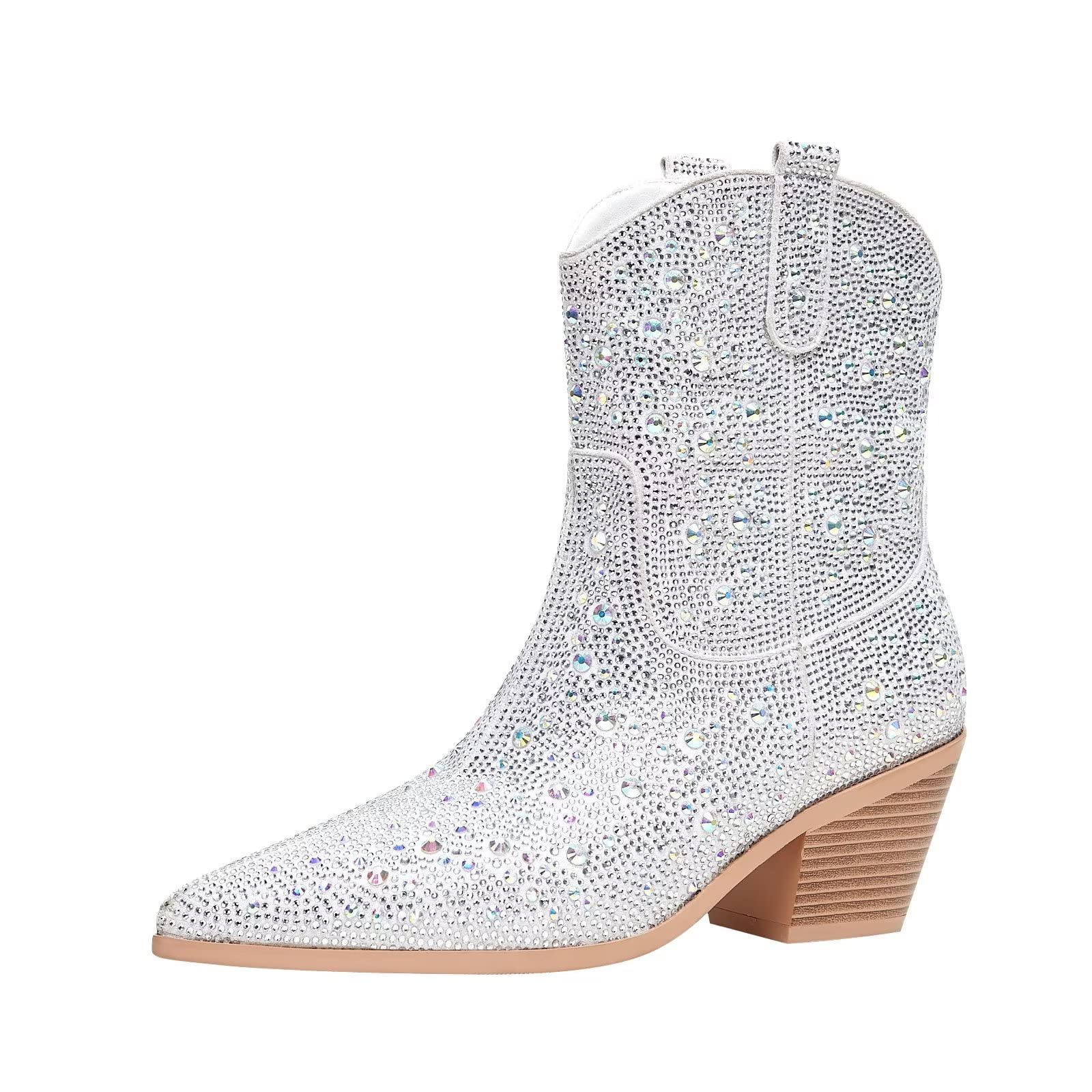 Sparkly Rhinestone Cowgirl Boots for Women - Chunky Heel Western Ankle Boots with Side Zipper | Perfect for Country Concerts, Line Dancing & Western Fashion Outfits