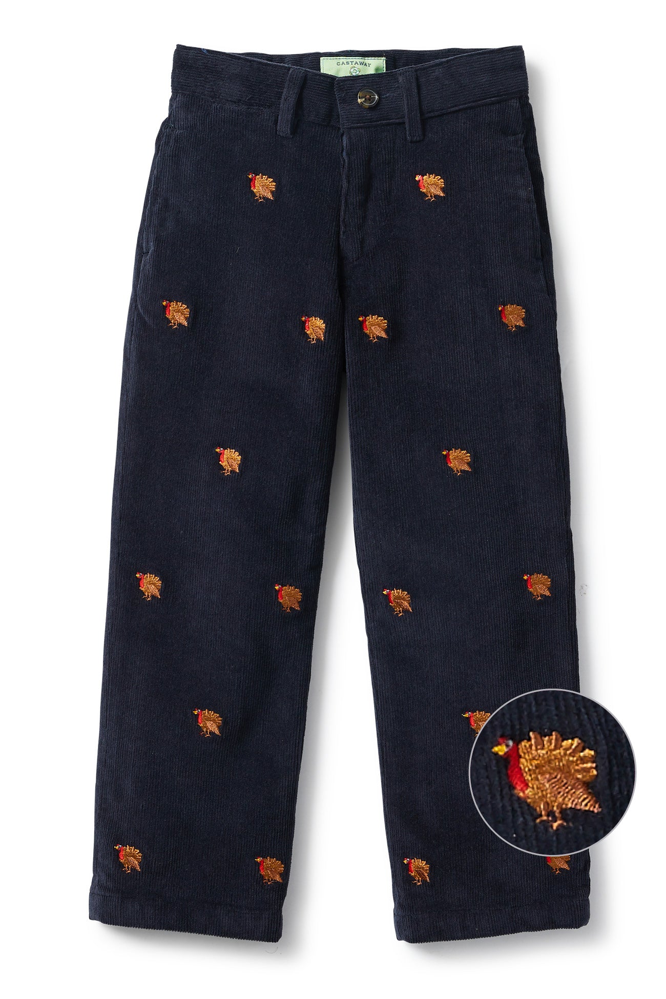 Boys Corduroy Beach Pants - Nantucket Navy with Turkey Print | Comfortable & Stylish for Beach, School & Outdoor Play