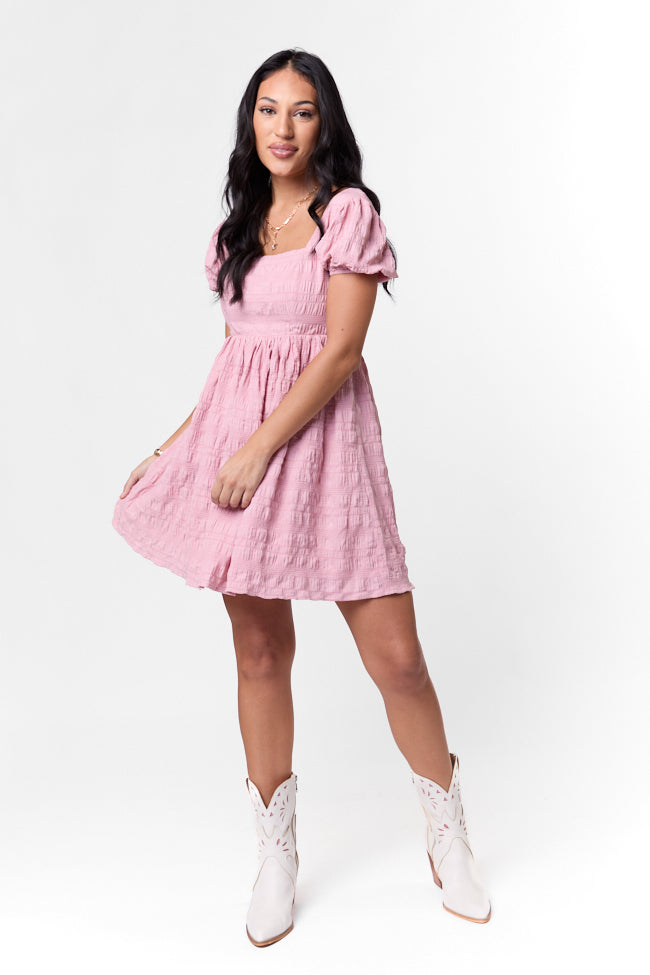 Breezing By Pink Textured Square Neck Mini Dress - Flirty Summer Party Outfit for Women | Perfect for Dates, Cocktails & Beach Vacations
