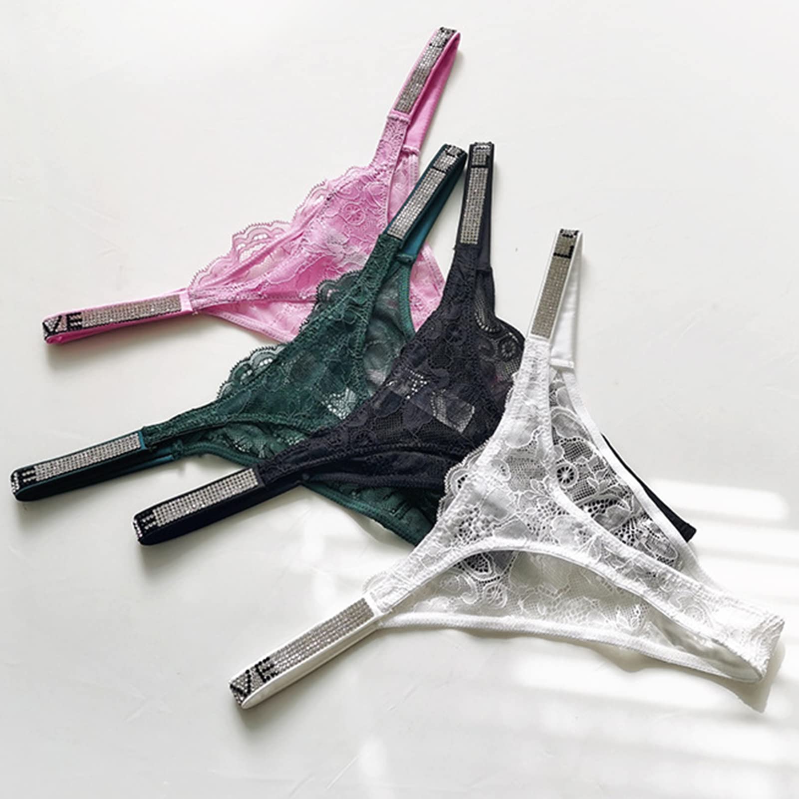 Sexy Rhinestone G-String Thong Panties for Women - Low Rise Lace T-Back Underwear, 3 Pack | Perfect for Date Night, Boudoir & Sensual Occasions