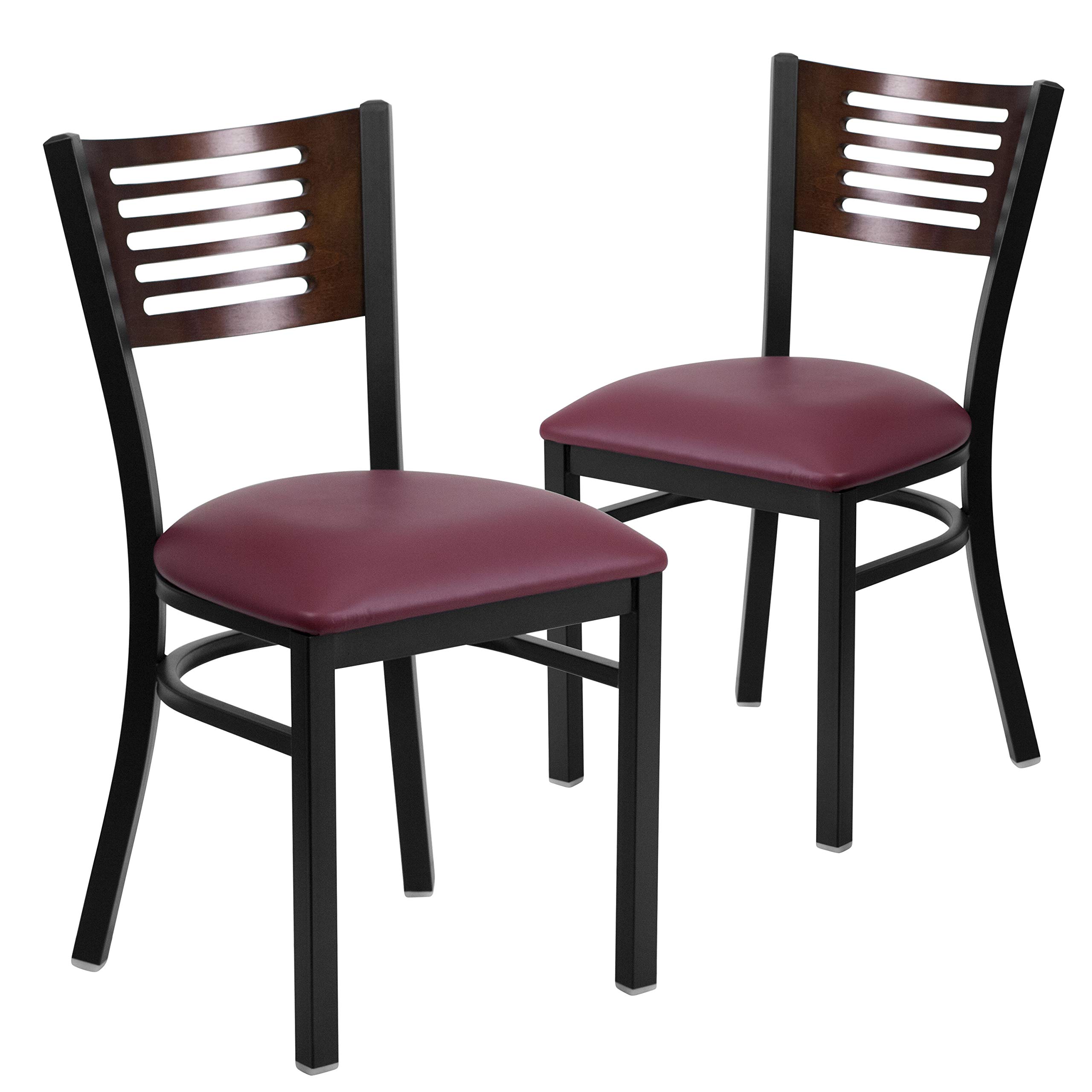 2 Pack Black Slat Back Metal Restaurant Chairs - Walnut Wood Back, Burgundy Vinyl Upholstered Seat - Durable Dining Chairs for Restaurants, Cafes, and Home Kitchens