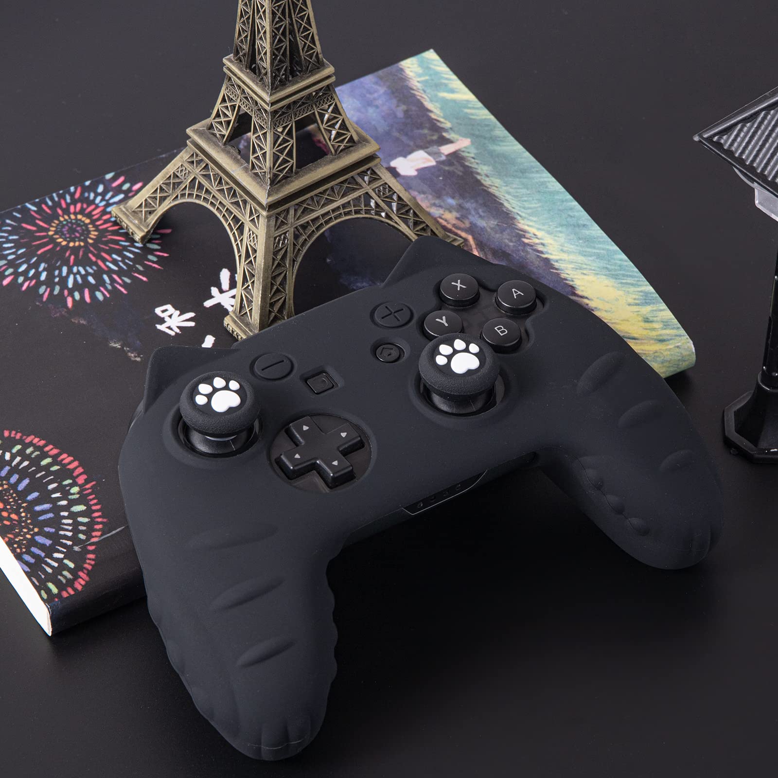 Cute Cat Paw Switch Pro Controller Skin with Thumb Grip Caps & Stickers - Black | Protective Cover for Nintendo Switch Pro Controller | Perfect for Gaming, Collectors & Gift Giving