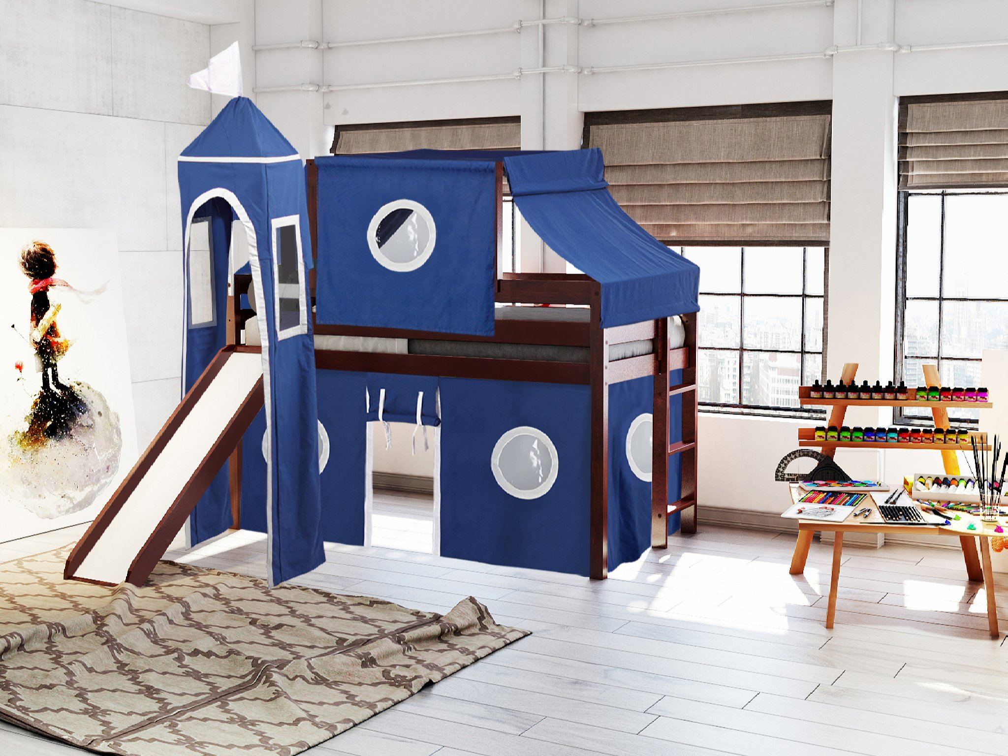 **Twin Low Loft Bed with Slide and Blue & White Tent - Cherry Wood Finish for Kids' Bedroom, Playroom, or Dorm Room**