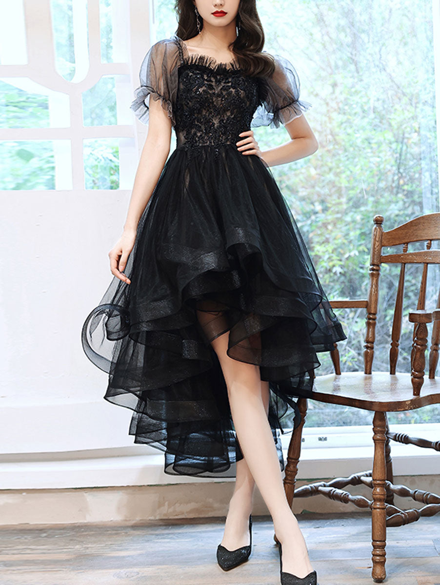 Elegant Black Sweetheart Neckline Tulle Lace High-Low Prom Dress for Women - Perfect for Homecoming, Evening Parties & Special Occasions