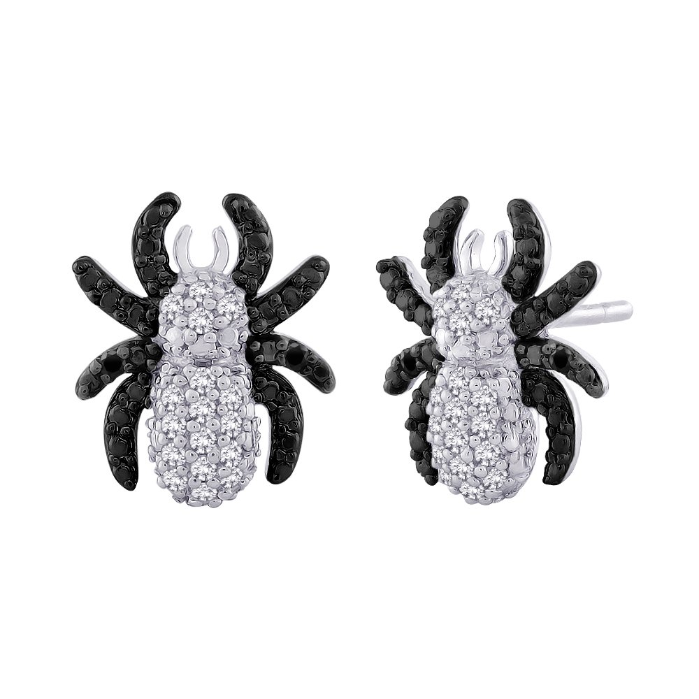 Sterling Silver Black & White Diamond Spider Earrings (1/5 CTTW) - Gothic Jewelry for Halloween, Cosplay & Alternative Fashion