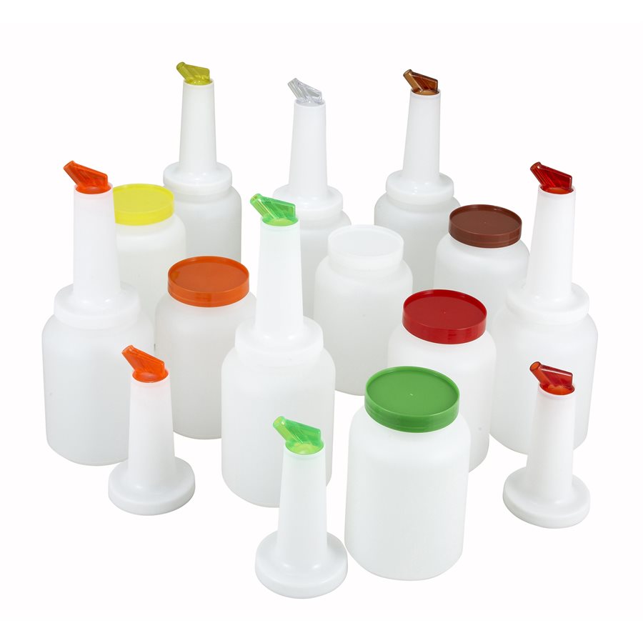Winco 1 Qt (32 oz) Multi-Pour Liquor & Juice Dispenser Set with 4 Assorted Color Spouts & Lids - Perfect for Bars, Restaurants, Parties & Home Entertaining