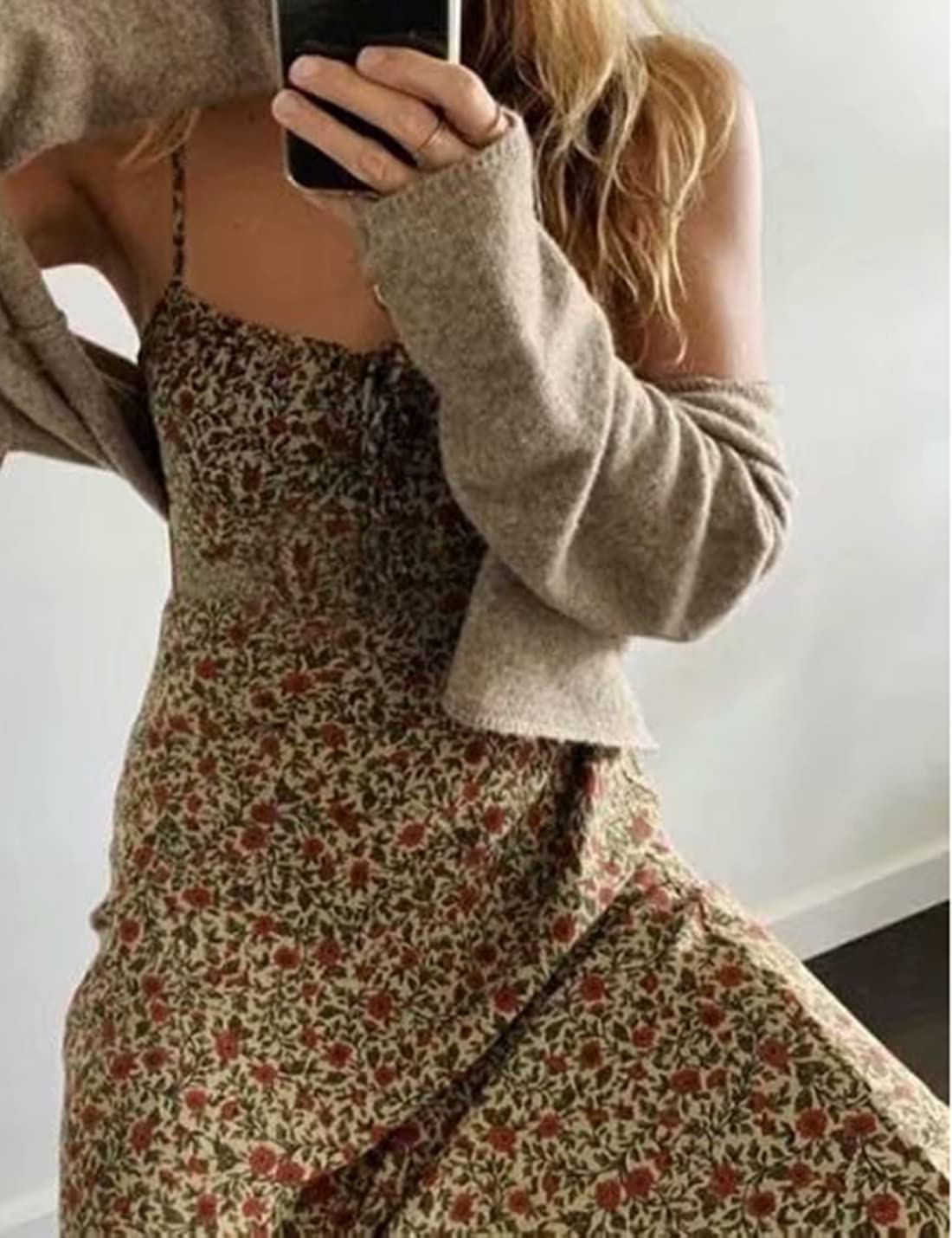 Omoone Women's Floral Summer Dress - Low-Cut Square Neck Spaghetti Strap Tie Bodycon Dress for 90s Y2K Style | Perfect for Beach Vacation, Date Night & Music Festivals