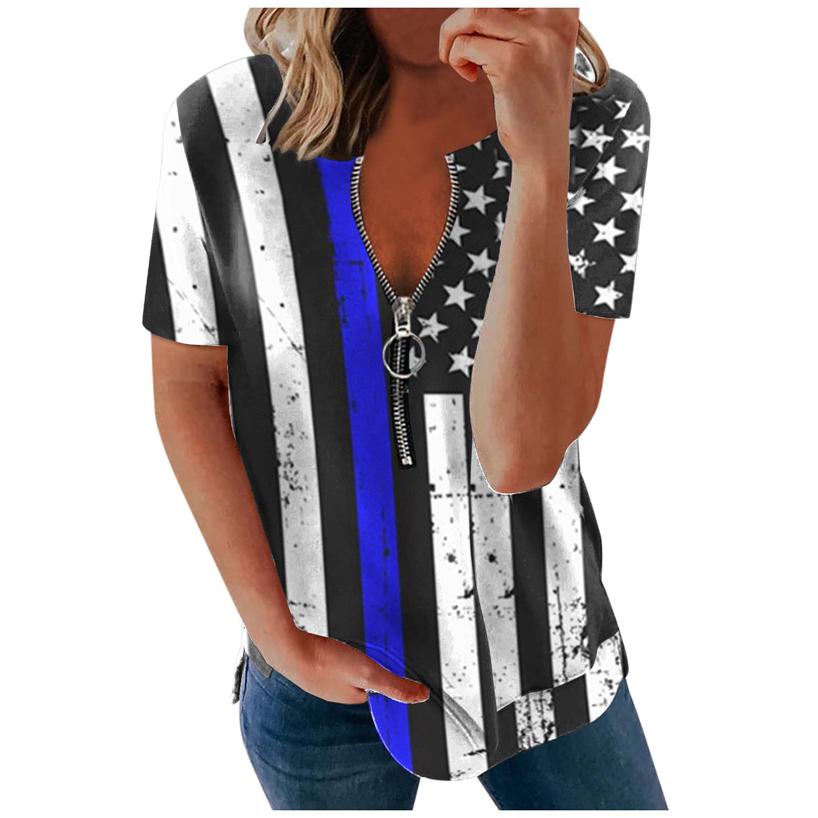 Women's Casual Short Sleeve Striped Zipper Blouse - Solid Color T-Shirt Top for Everyday Wear | Perfect for Office, Dating & Weekend Outings