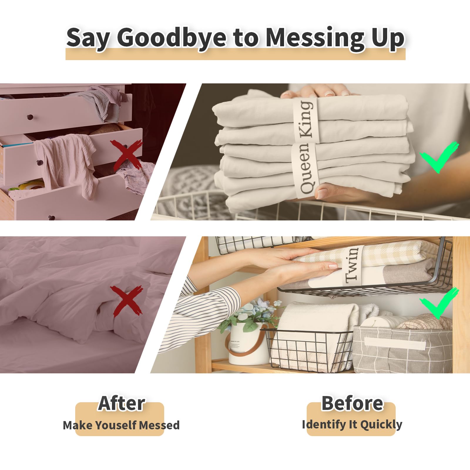 Elastic Bed Sheet Organizer Bands - 4 Pack Twin Size for Linen Closet & Laundry Room Storage - Labeled Sheet Fasteners for Pillow & Duvet Organization - Perfect for Home, Apartment, and Dorm Room Storage Solutions
