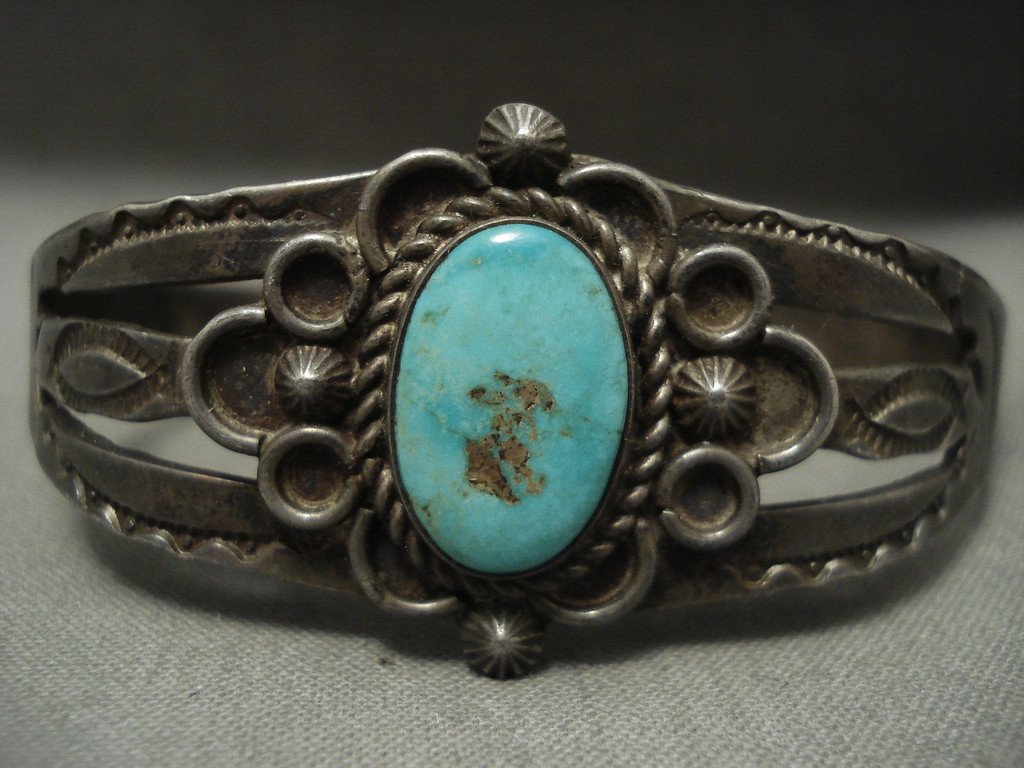 Vintage 1930s Navajo Natural Turquoise Native American Silver Bracelet - Handmade Southwest Jewelry for Women, Boho Fashion & Gift Idea