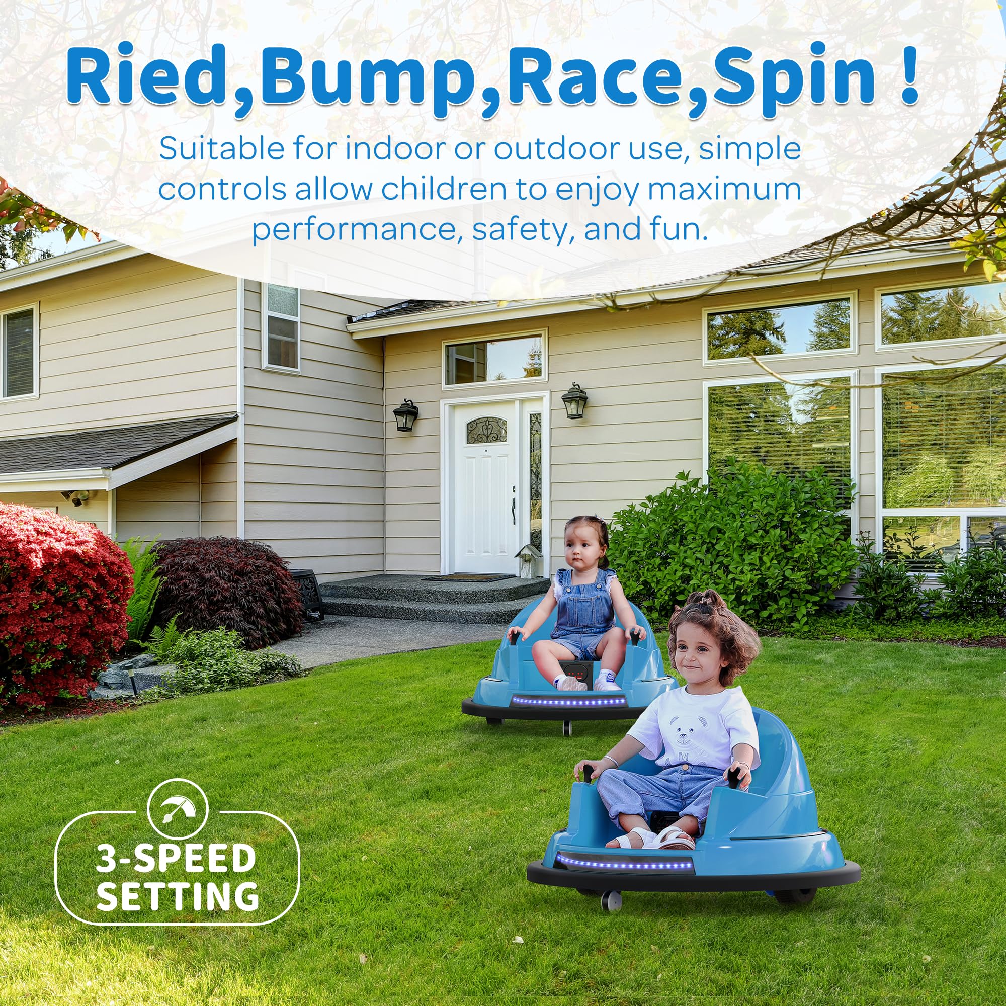 ROOMTEC 12V Kids Ride On Bumper Car with Remote Control - Safe 360° Spinning Toddler Electric Car with Flashing Lights & Music - Birthday Gift for Boys Girls Ages 1-3 (Blue) - Perfect for Indoor Playrooms, Backyard Fun & Birthday Parties