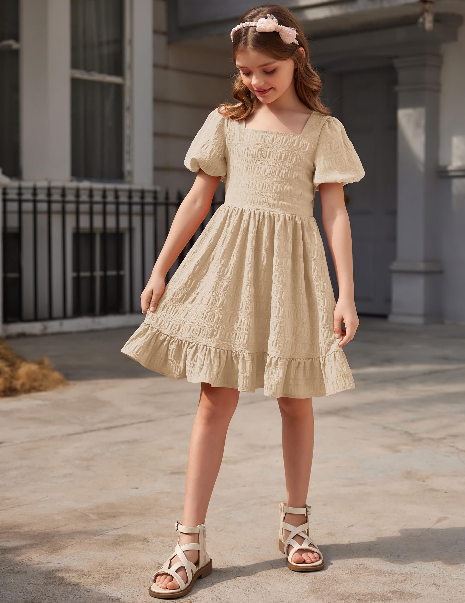 Arshiner Girls Backless Summer Dress - Short Sleeve Square Neck Ruffle Hem Elegant Party Dress for Kids | Birthday, Photo Shoot, Special Occasions