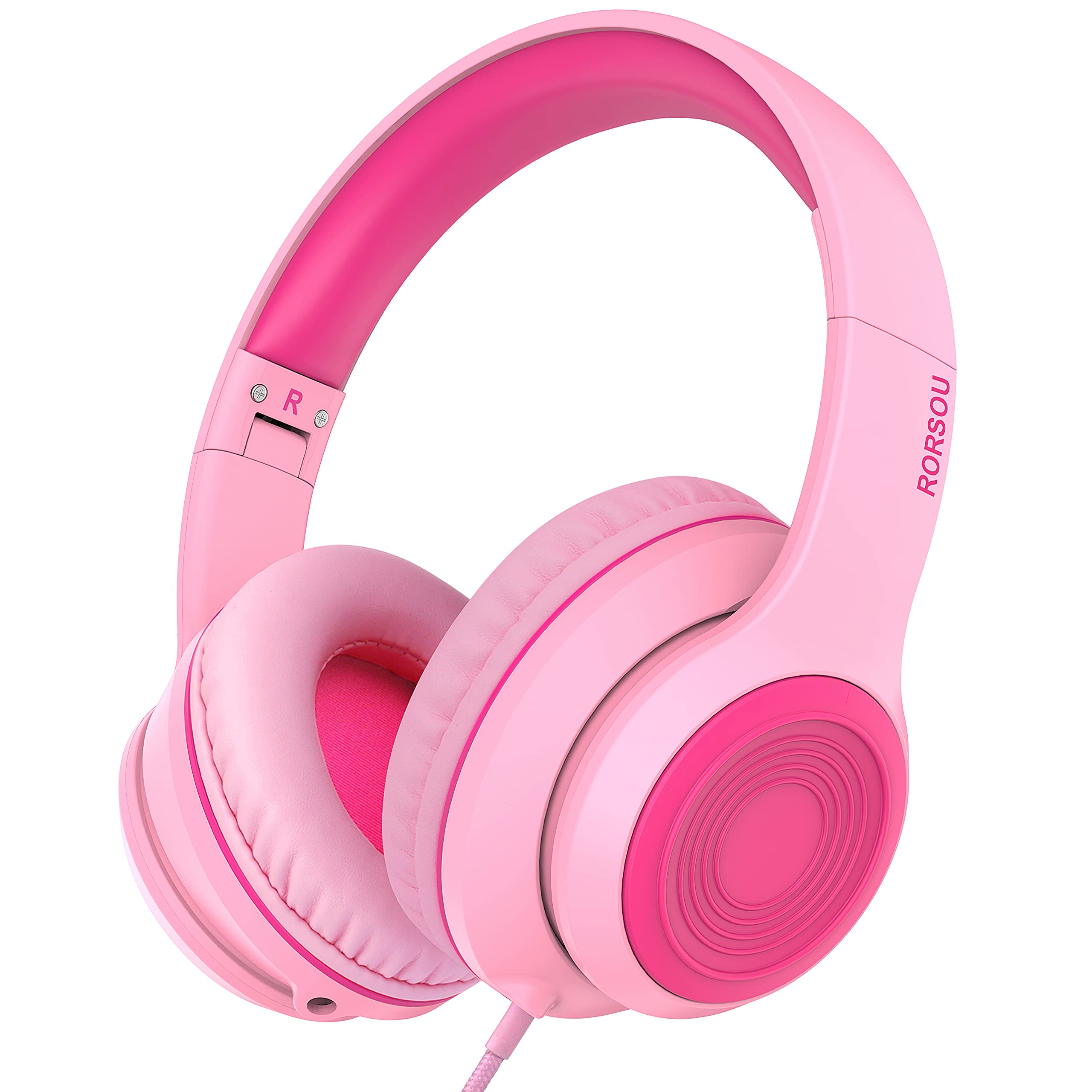 RORSOU K9 Kids Headphones with Microphone - Foldable Stereo Bass Headphones for Children Teens & Adults - 1.5M Tangle-Free Cord - Wired Headset for Smartphones Tablets Computers MP3/4 - Perfect for School Travel & Online Learning (Pink)