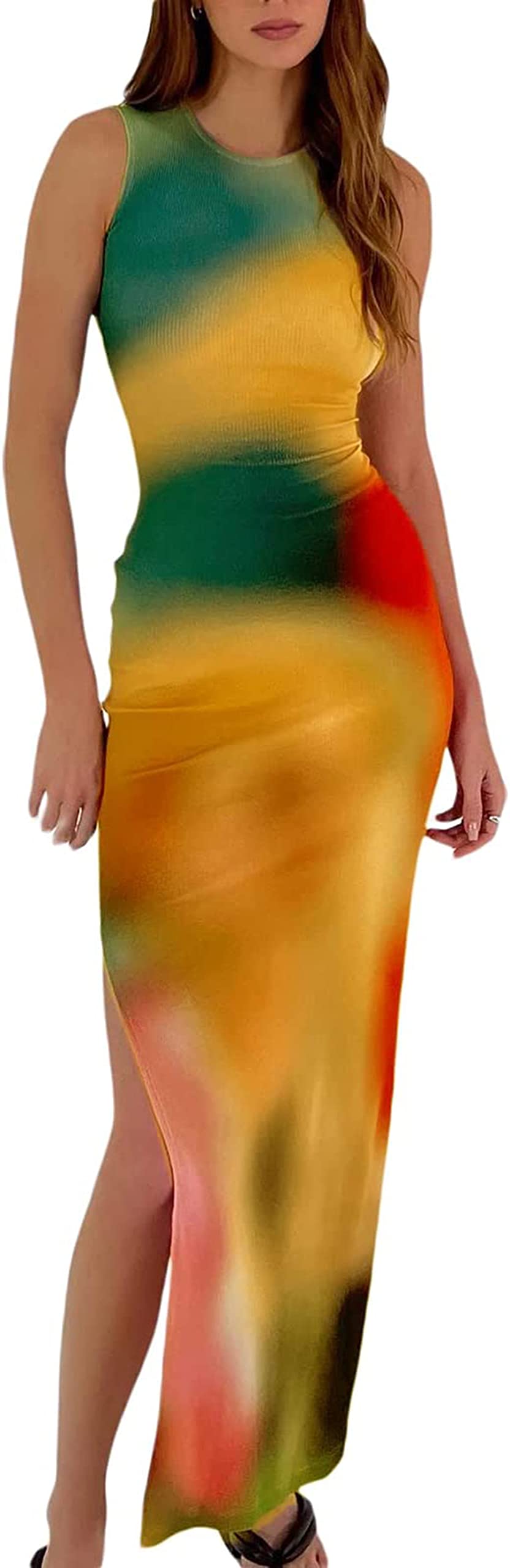 Suillty Women's Y2K Tie Dye Print Sleeveless Bodycon Maxi Dress - Slim Fit Summer Sundress for Beach, Vacation & Casual Outings