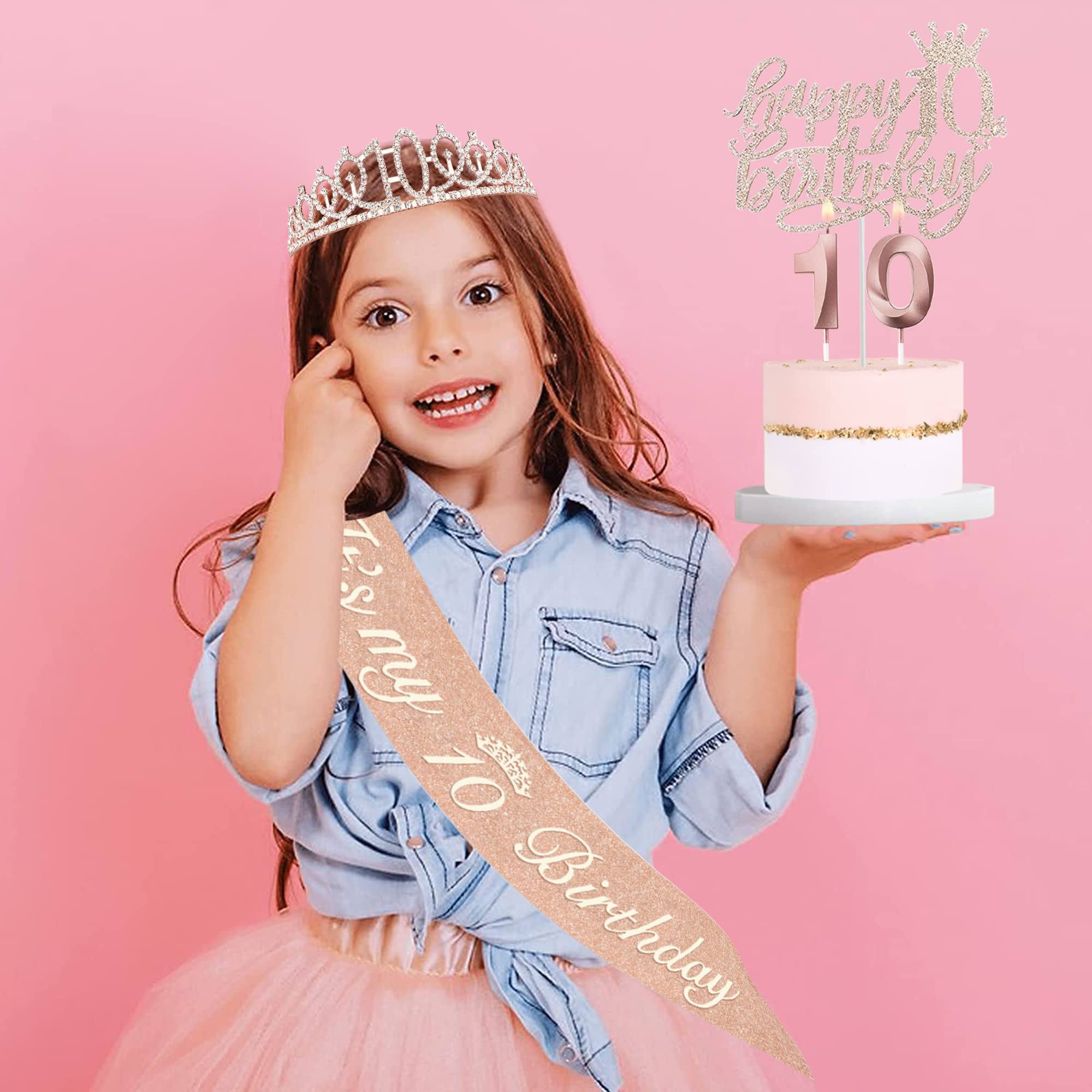 Bella Meri 10th Birthday Party Set for Girls - Sparkling Tiara Crown, Satin Sash, Cake Toppers & Birthday Candles - Complete 10th Birthday Decorations Kit for Women | Perfect for Birthday Parties, Milestone Celebrations & Special Occasions
