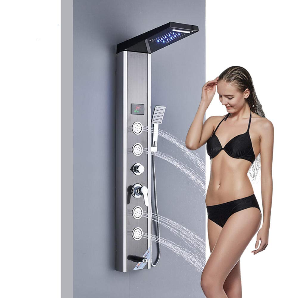 Digital LED Temperature Display Shower Panel System - Modern Bathroom Tower Column with Adjustable Body Massage Jets & LED Shower Head for Spa-Like Relaxation | Perfect for Master Bathrooms & Luxury Home Renovations