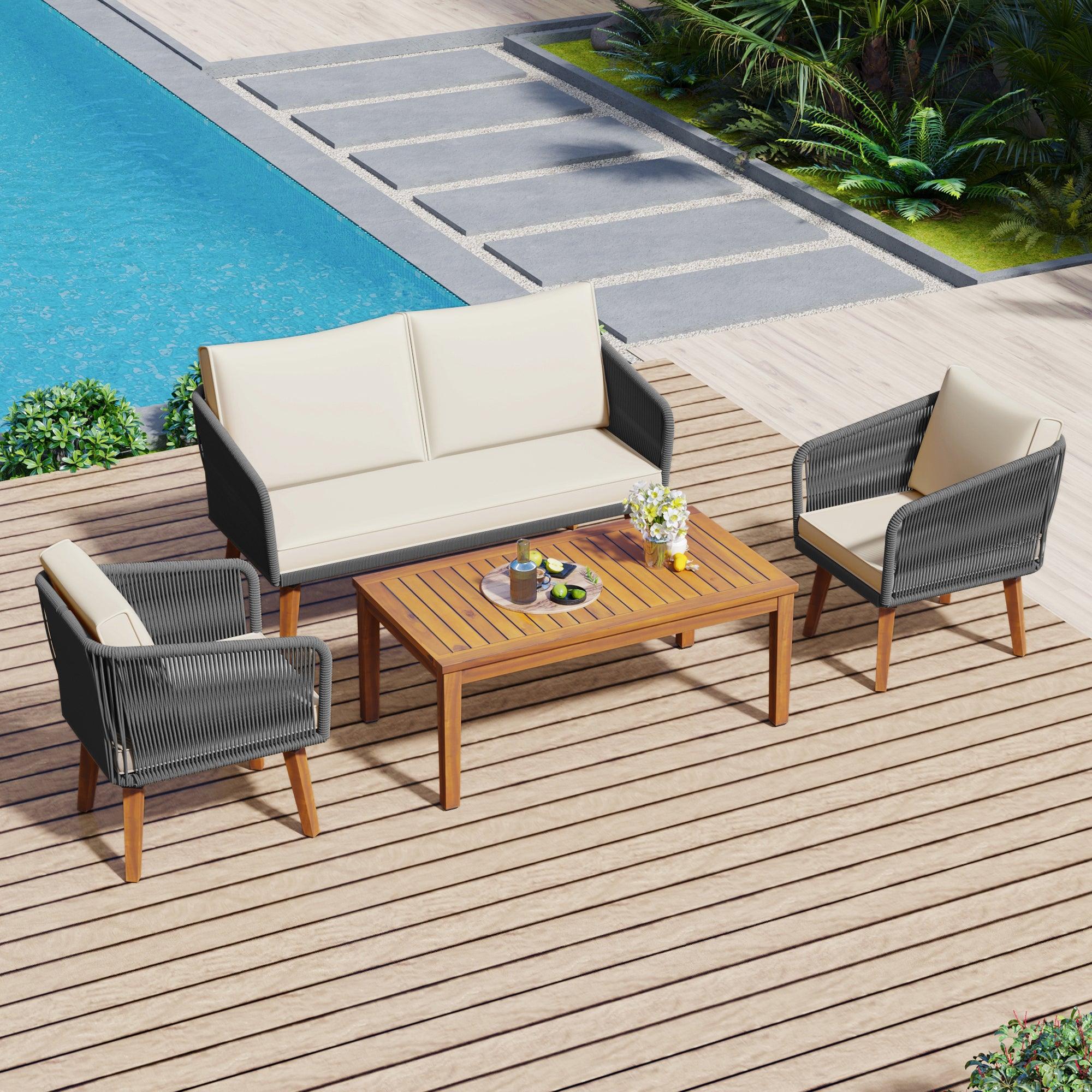 4-Piece Outdoor Patio Furniture Set with Loveseat, Rope Wicker Conversation Set & Cushions - Perfect for Backyard, Garden, Poolside & Outdoor Entertaining