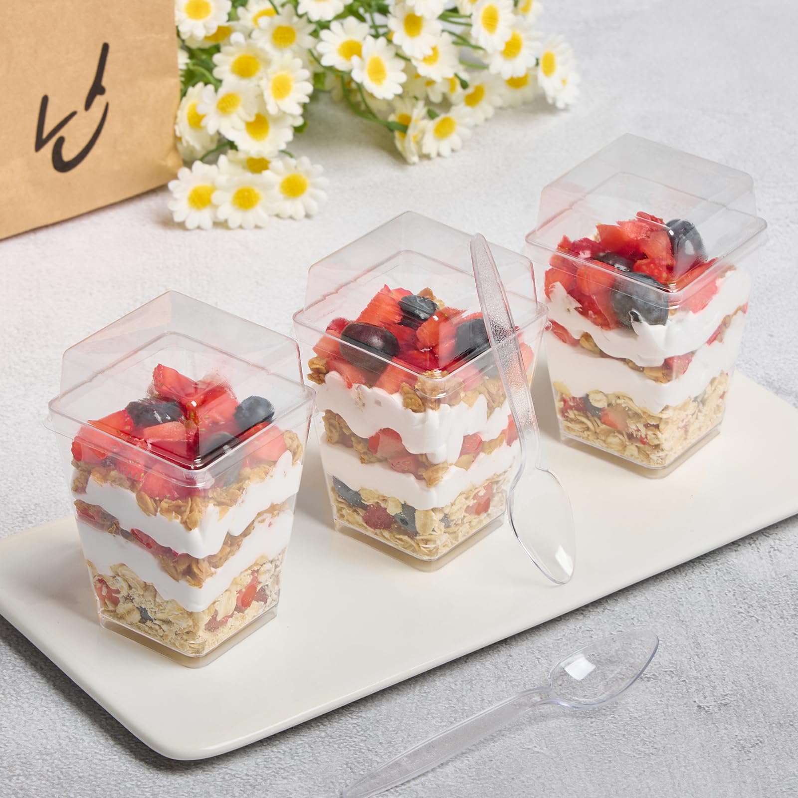 50 Pack 5 oz Clear Plastic Dessert Cups with Lids & Spoons - Square Mini Parfait Cups for Pudding, Jello, Fruit, Appetizers | Party Serving, Catering, Events, Picnics, Home Entertaining
