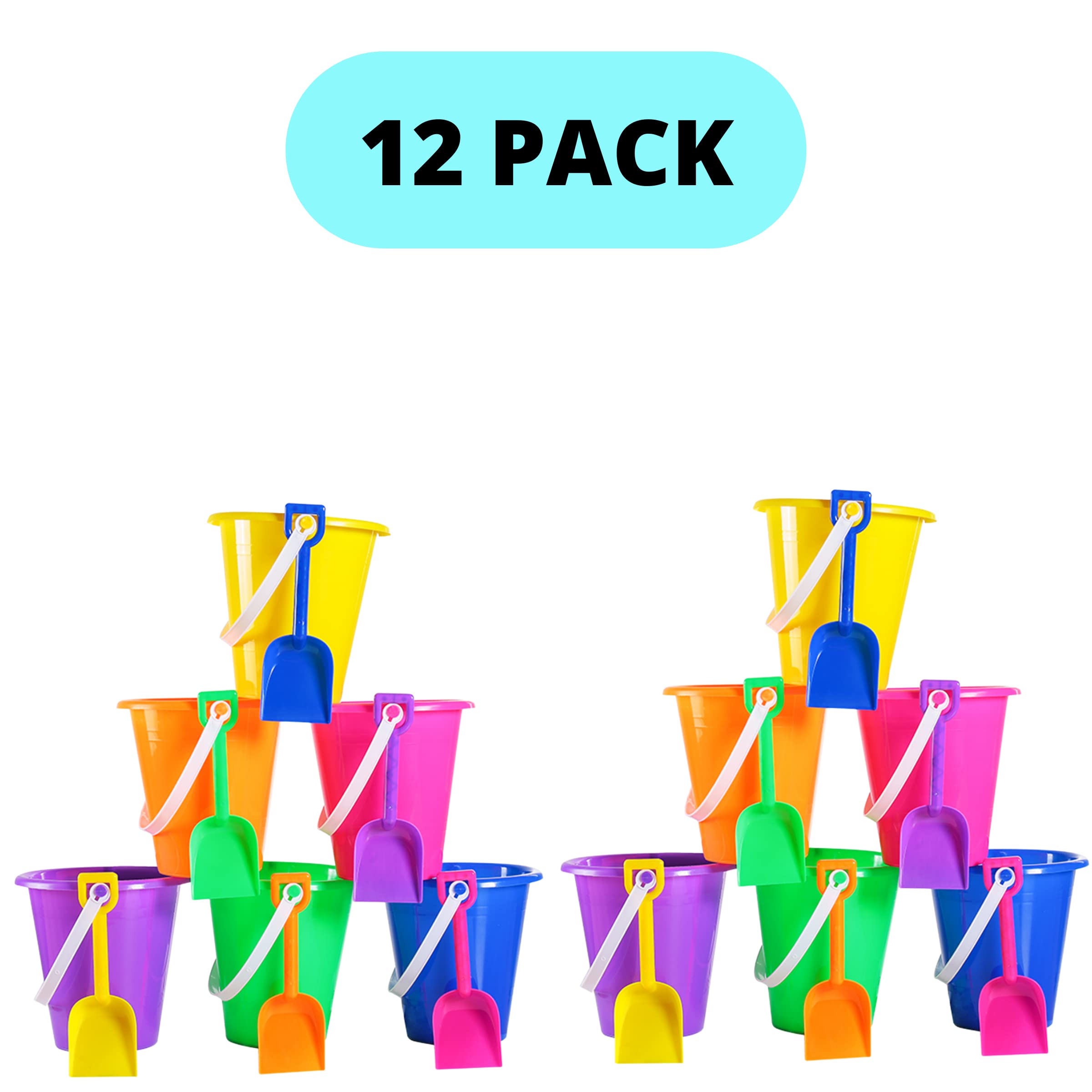 12 Pack Kids Sand Buckets and Shovels Set - 5.5 Inch Small Beach Toys for Summer Outdoor Play, Easter Basket Stuffers & Party Favors - Perfect for Beach Trips, Sandcastles, and Backyard Fun