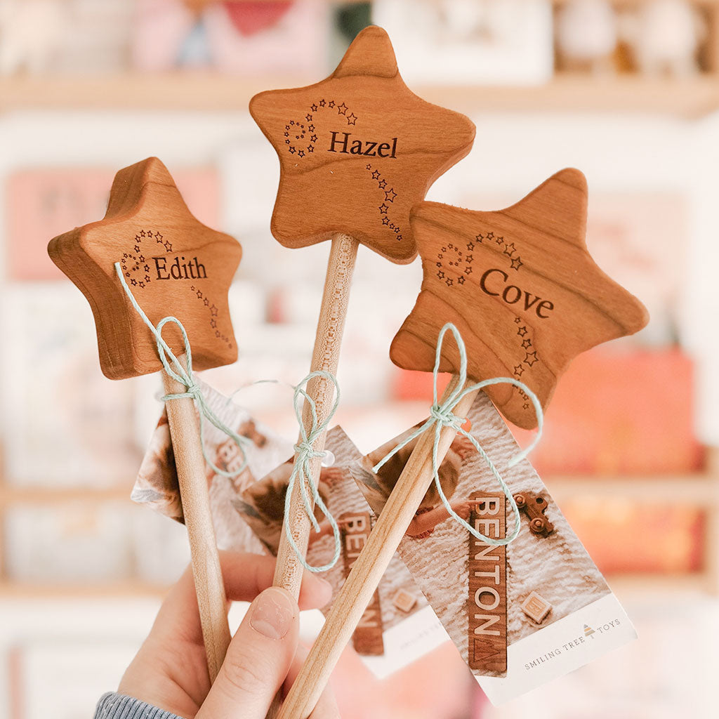 Wooden Star Wand - Handcrafted Magic Wand for Kids & Cosplay - Perfect for Halloween, Birthday Parties & Fantasy Play