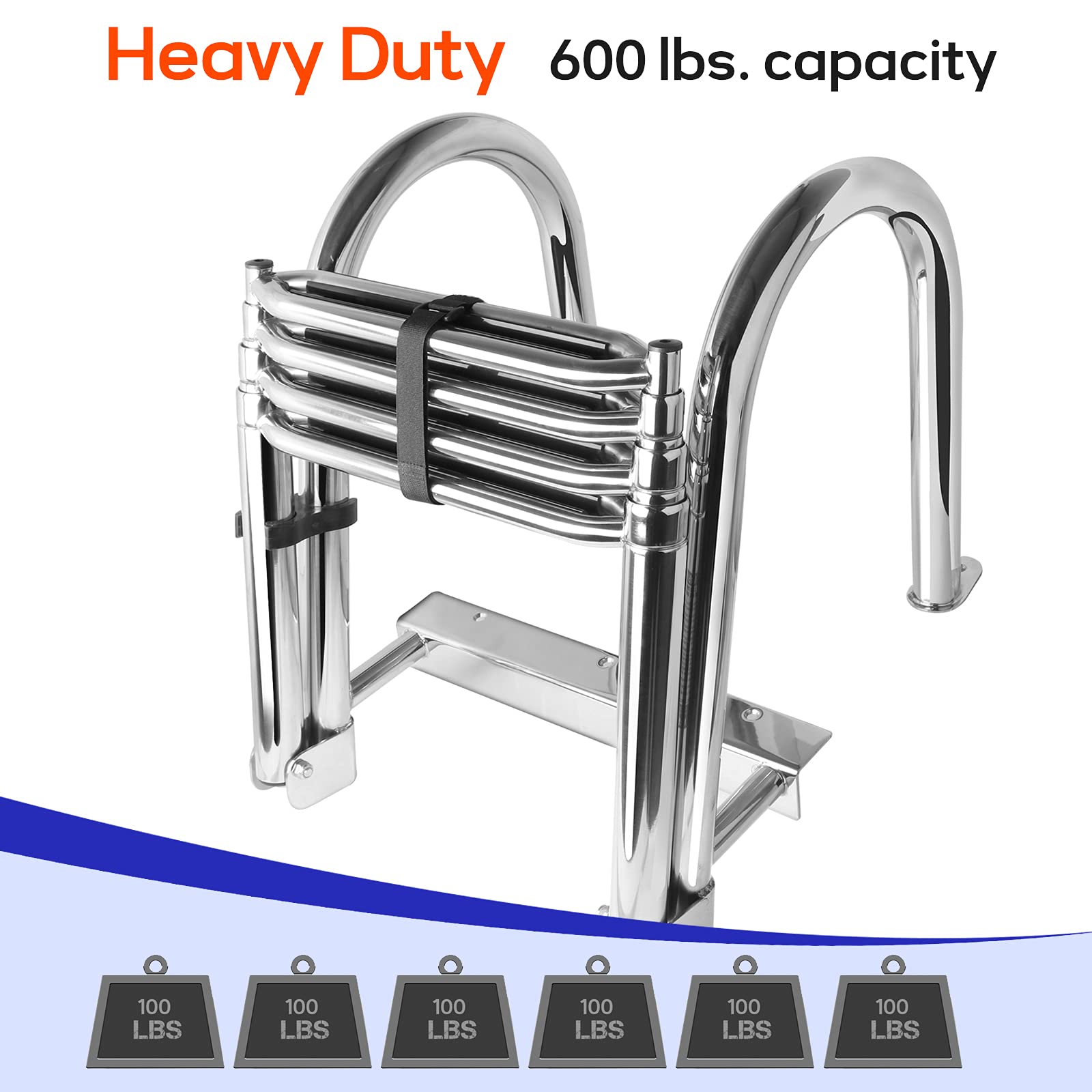 **4 Step Pontoon Boat Ladder - 316 Stainless Steel Folding Telescoping Ladder with Wide Steps & Safe Handrails - Heavy Duty Swim Deck & Dock Ladder for Rear Entry Inboard Boats - Perfect for Swimming, Boarding & Water Sports**