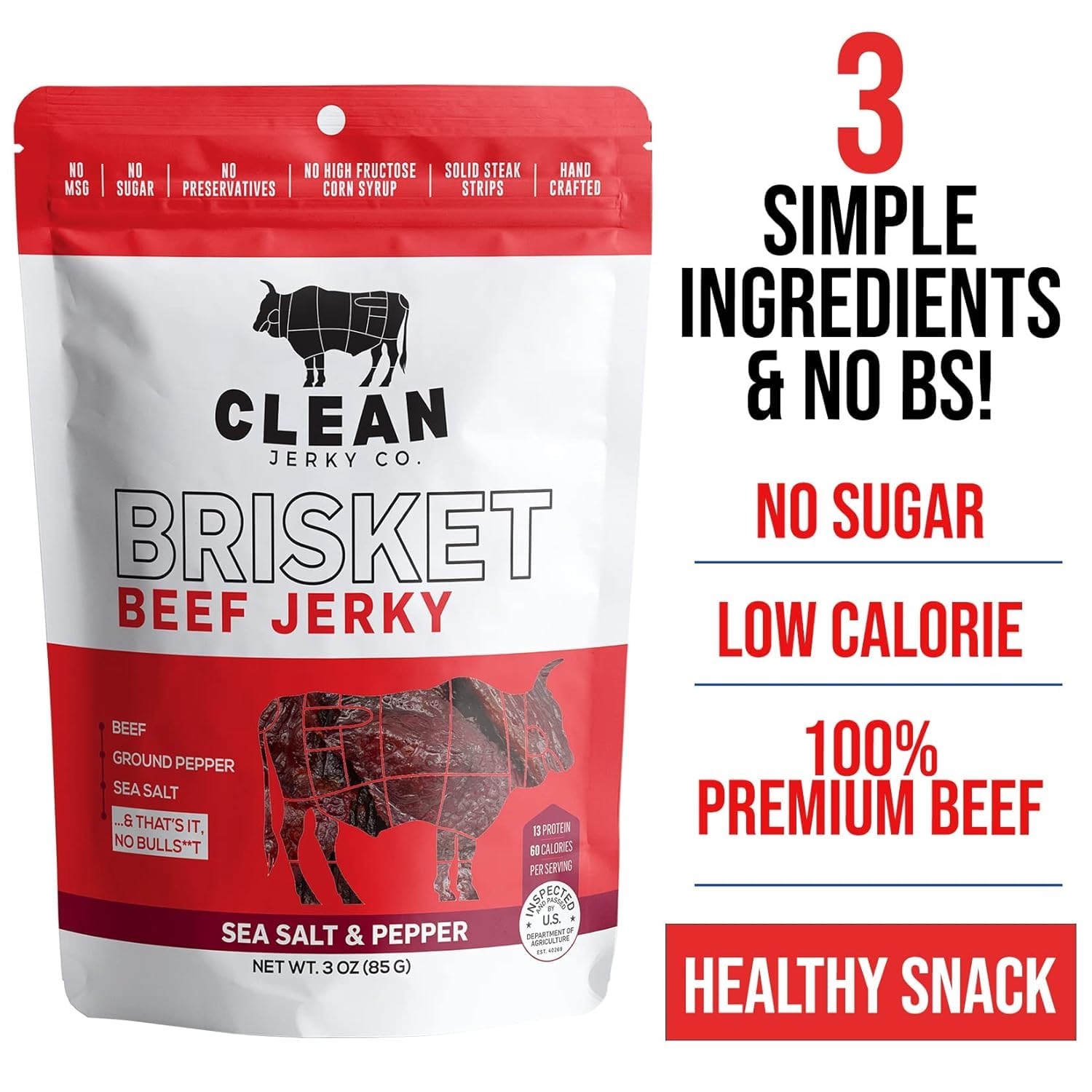 Clean Jerky Co. Old Fashioned Dry Zero Sugar Beef Jerky | Salt & Pepper Flavor | High Protein Healthy Snacks for Adults & Keto Diet | 100% Premium Beef | No MSG, No Sugar, No Nitrates | Perfect for Hiking, Camping & Road Trips