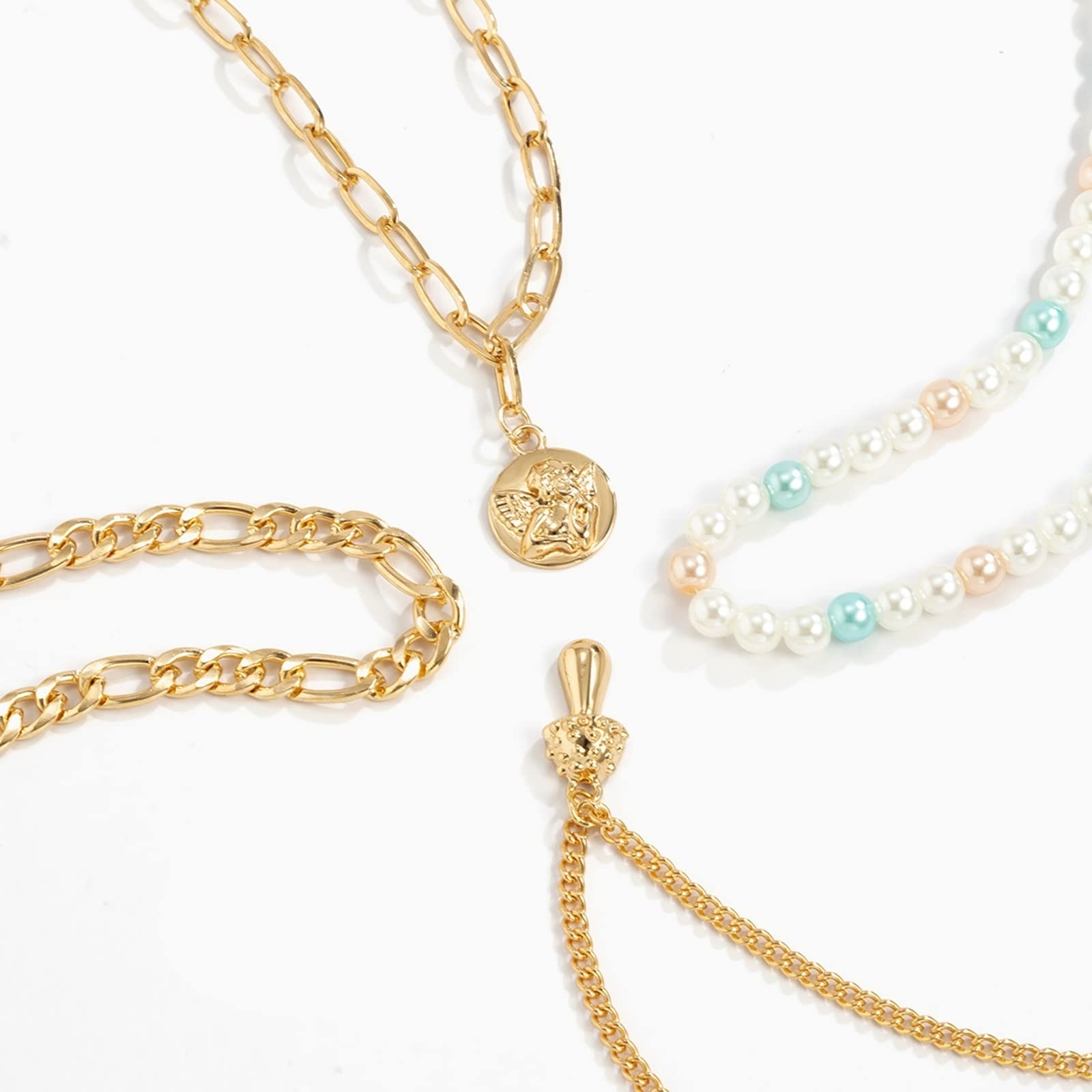 4-Piece Layered Necklace Set for Women - Colorful Pearl, Angel & Mushroom Pendant Dainty Jewelry - Perfect for Prom, Vacation & Everyday Wear