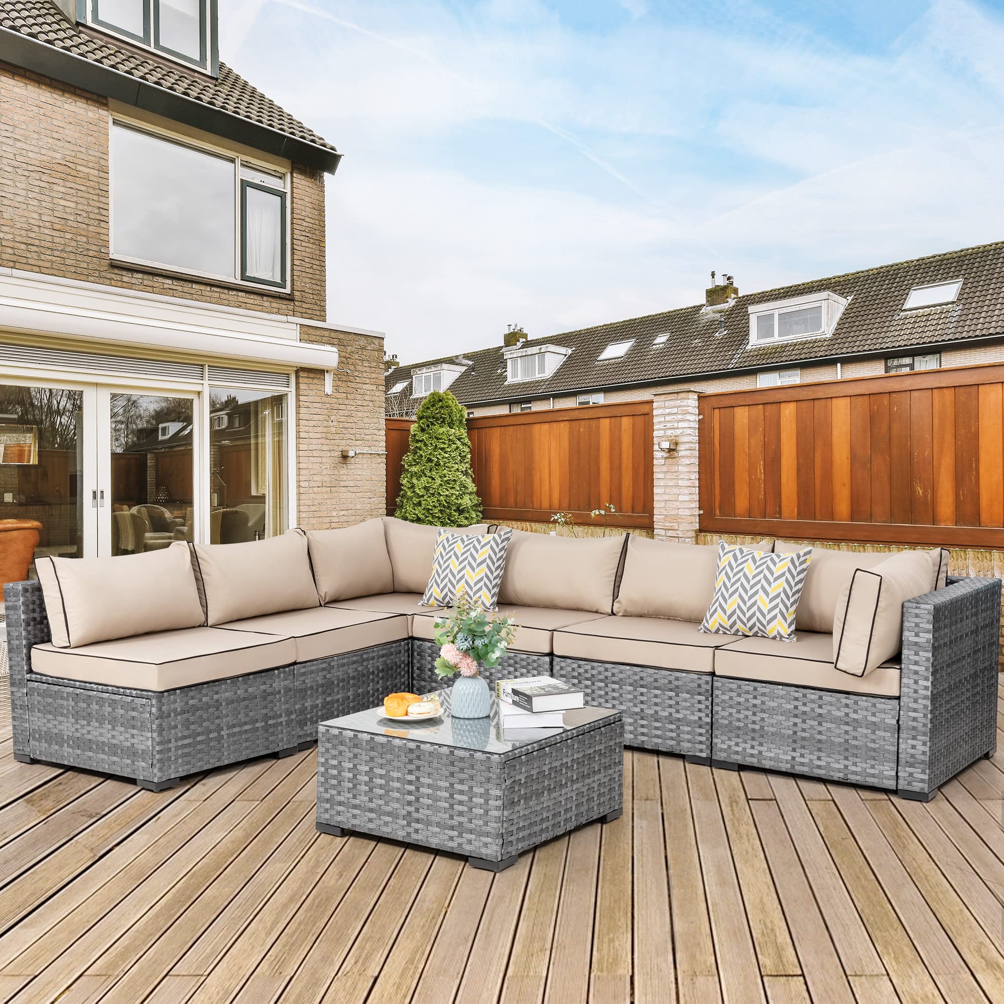 JAMFLY 7-Piece Wicker Patio Furniture Set - Outdoor Rattan Sofa Conversation Set with Washable Cushions & Glass Coffee Table (Khaki) - Perfect for Backyard, Garden, Porch, and Poolside Relaxation