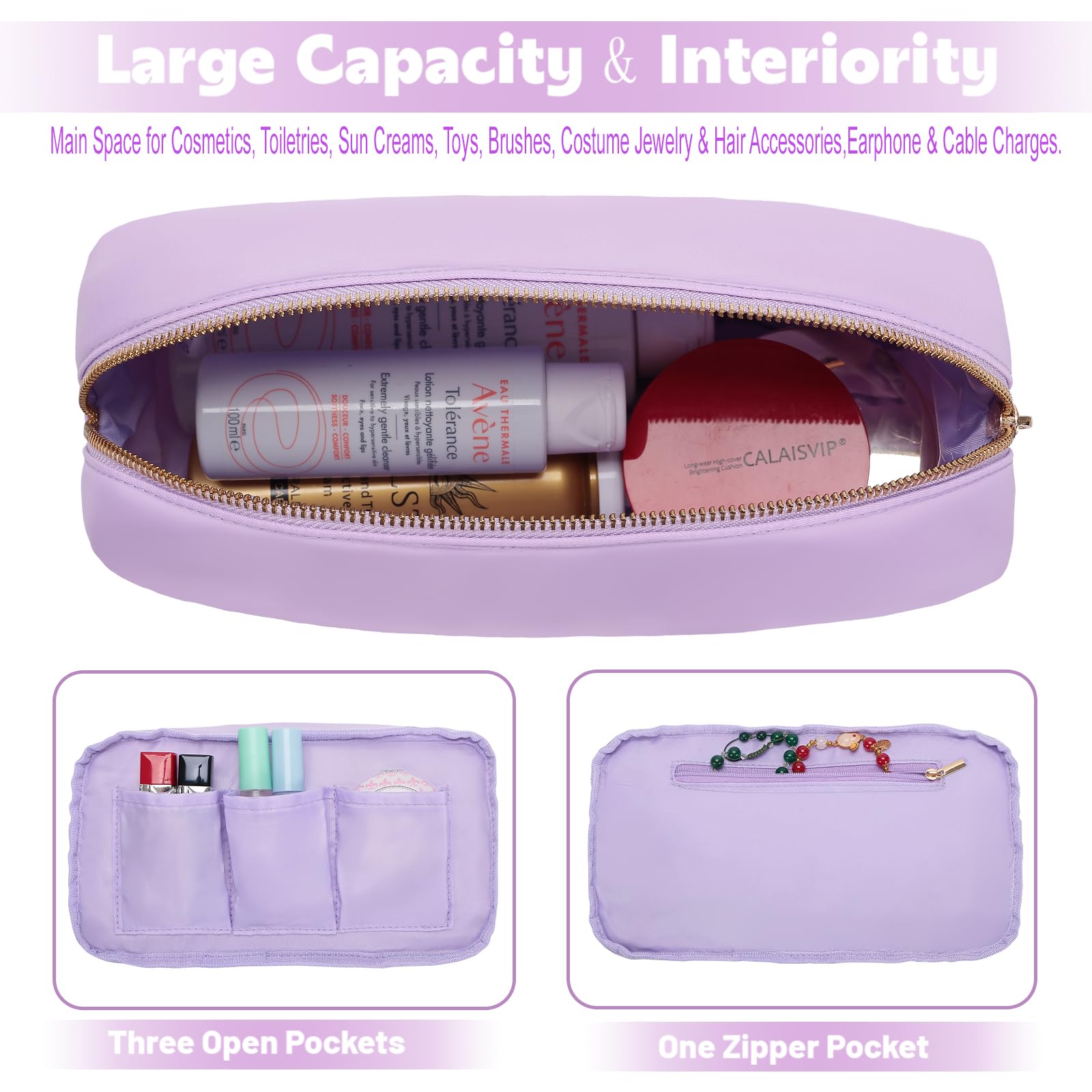 Travel Makeup Organizer Bag for Women - Large Nylon Cosmetic Case with Zipper Pockets (Purple) | Perfect for Vacation, Gym & Daily Essentials Storage