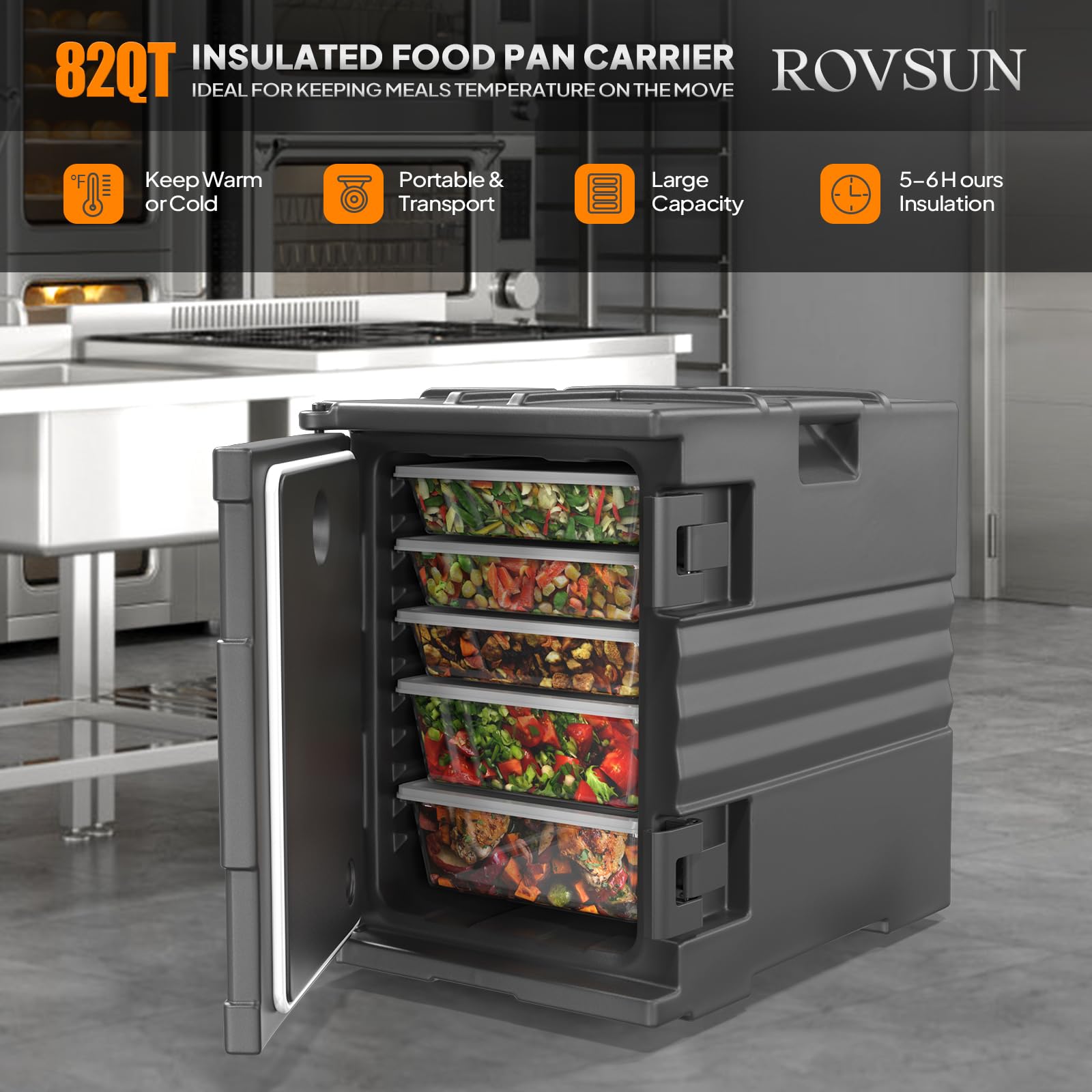 ROVSUN 82 QT Insulated Food Pan Carrier with Wheels - NSF Certified Hot Box Food Warmer for Catering, Restaurants & Events | Double Buckles & Handles | Stackable Design | Perfect for Buffets, Parties, Outdoor Dining & Commercial Kitchen Use