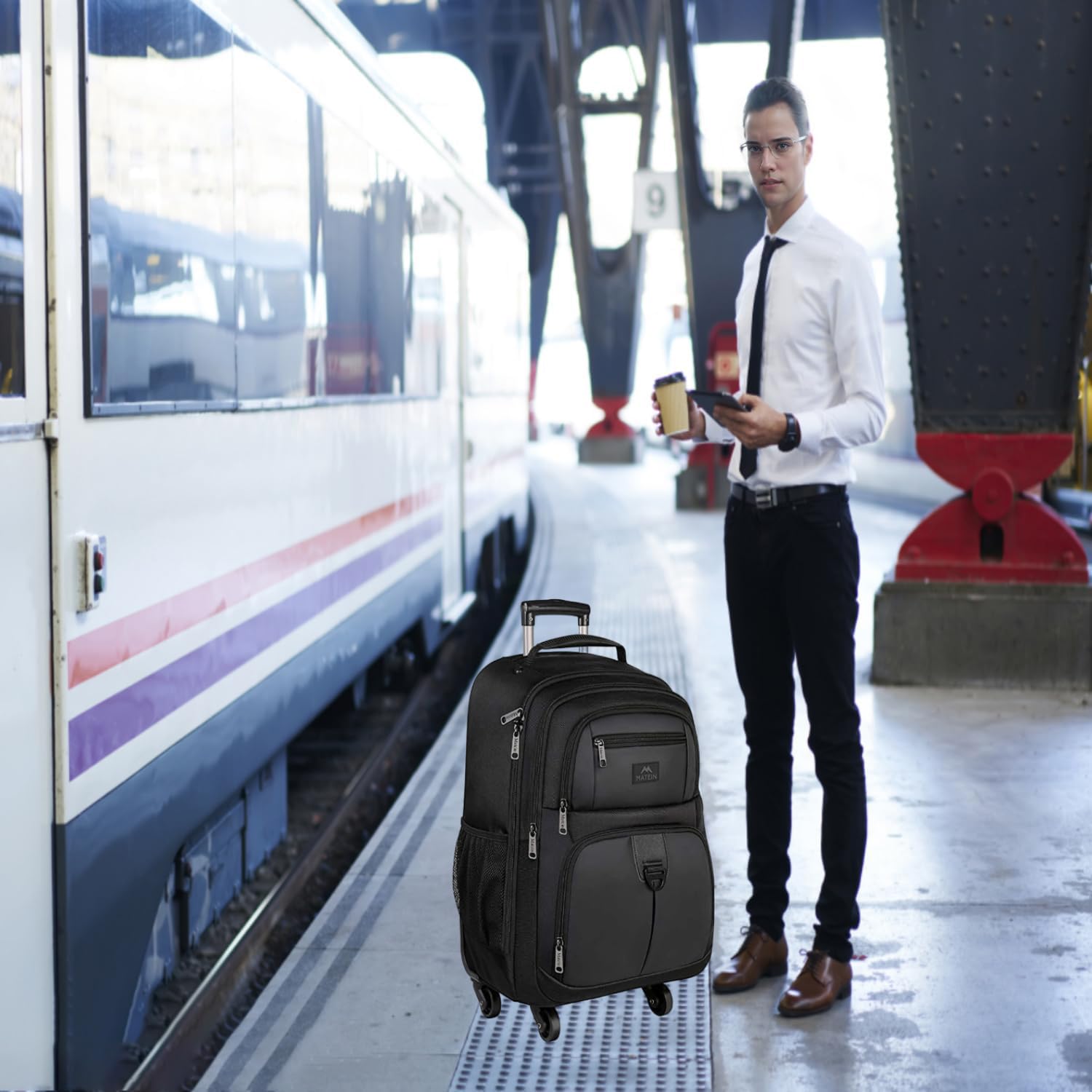 **MATEIN 18-Inch Rolling Laptop Backpack - 4-Wheel Spinner Travel Laptop Bag for Men & Women, Heavy Duty Wheeled Business Backpack for Work, Office & Air Travel - Perfect for Commuting & Business Trips (Black)**