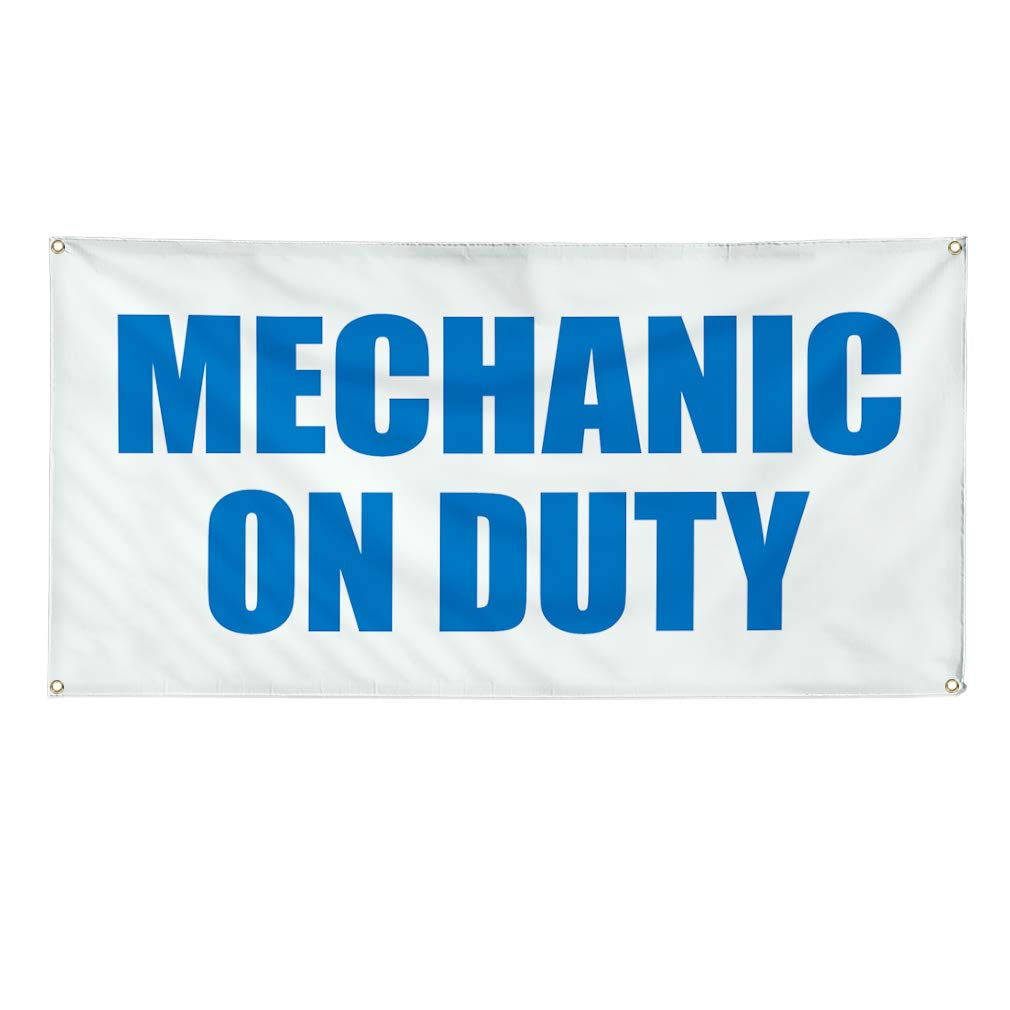 Vinyl Banner - Mechanic on Duty Business Sign - Weatherproof, Industrial, Outdoor Use - Multiple Sizes (48x96 Inches) with 8 Grommets - Perfect for Auto Shops, Construction Sites & Yard Safety Signs
