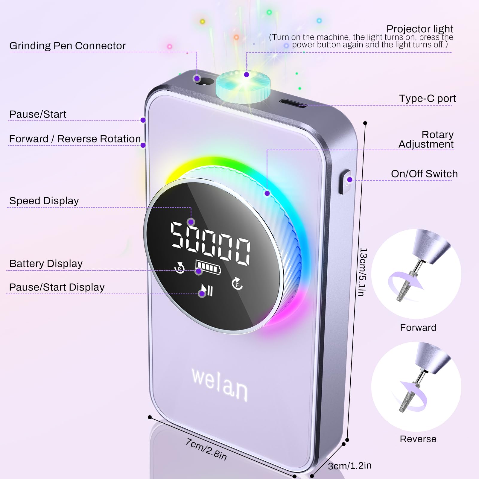 Professional Electric Nail Drill Kit - 50000RPM Portable Nail File with 6000mAh Rechargeable Battery for Acrylic & Gel Nails | Manicure Pedicure Polishing Machine for Salon & Home Use (Purple) | Perfect for DIY Nail Art & Professional Nail Care