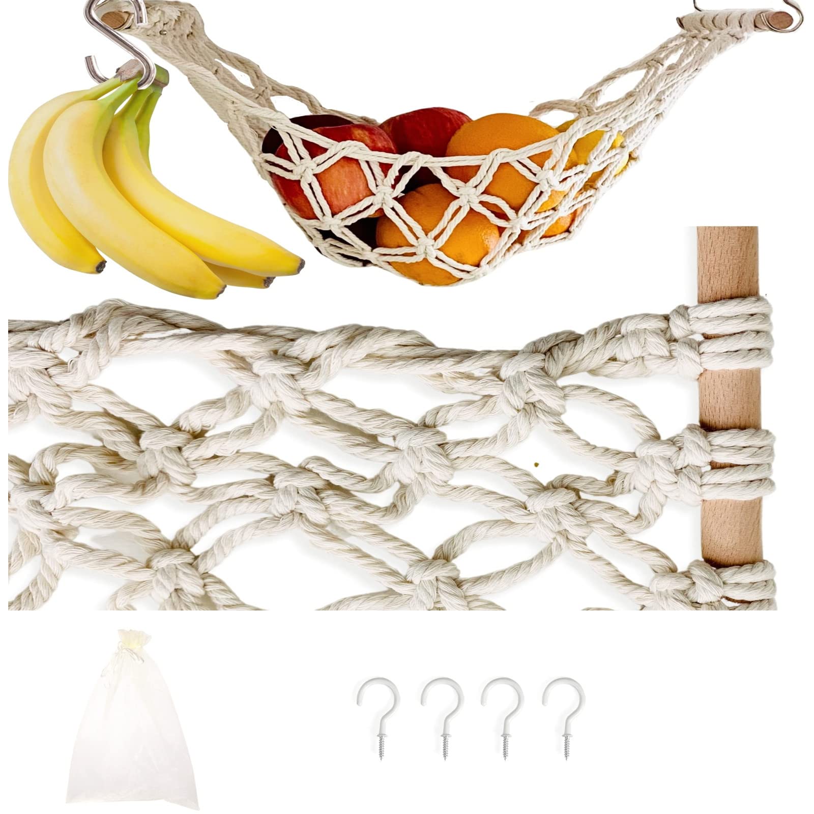 Macrame Hanging Fruit Basket - Under Cabinet Kitchen Storage for Bananas & Produce - Durable Fruit Hammock with Hooks - Perfect for Small Kitchen Organization & Farmhouse Décor