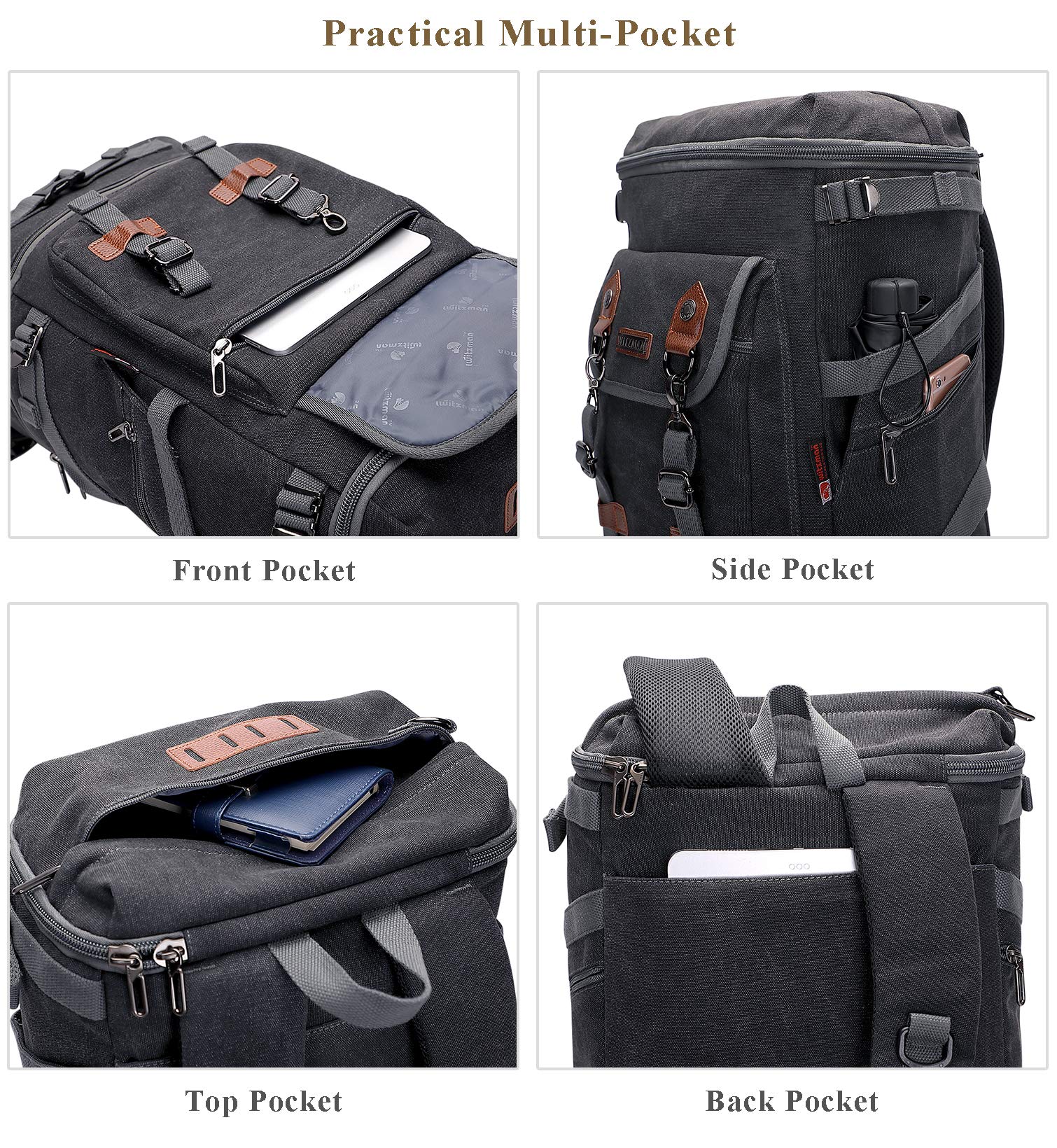 WITZMAN Durable Canvas Travel Backpack for Men & Women - Convertible Carry On Luggage & Duffel Bag - Perfect for Airplane, Hiking, Business Trips & College