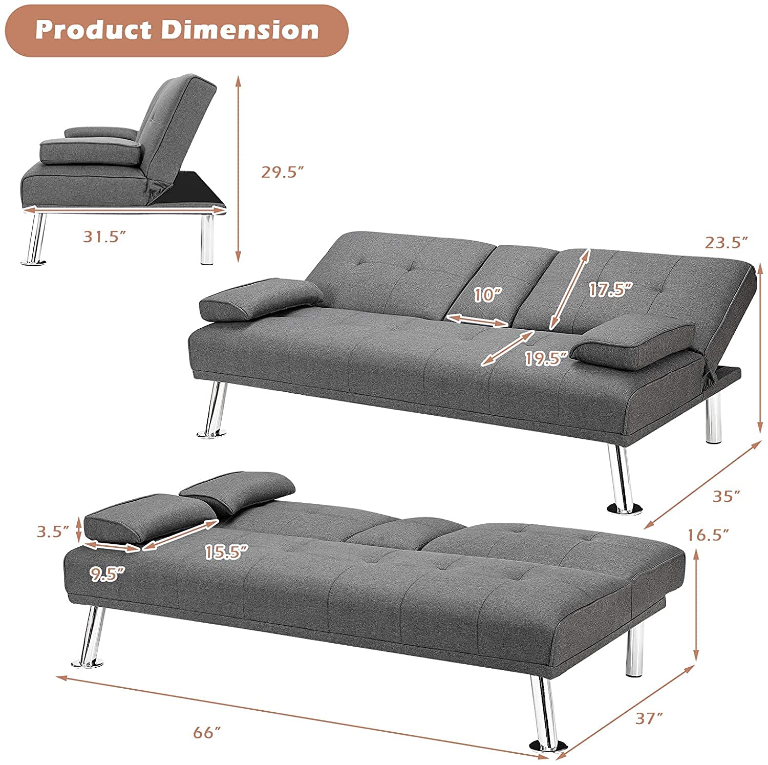 Moccha Folding Futon Sofa Bed - Convertible Couch with Metal Legs & Linen Upholstery, Full Size Sleeper Sofa for Small Spaces, Apartments, Dorms, Guest Rooms - Light Grey | Space-Saving Multi-Functional Furniture for Living Room, Bedroom or Office