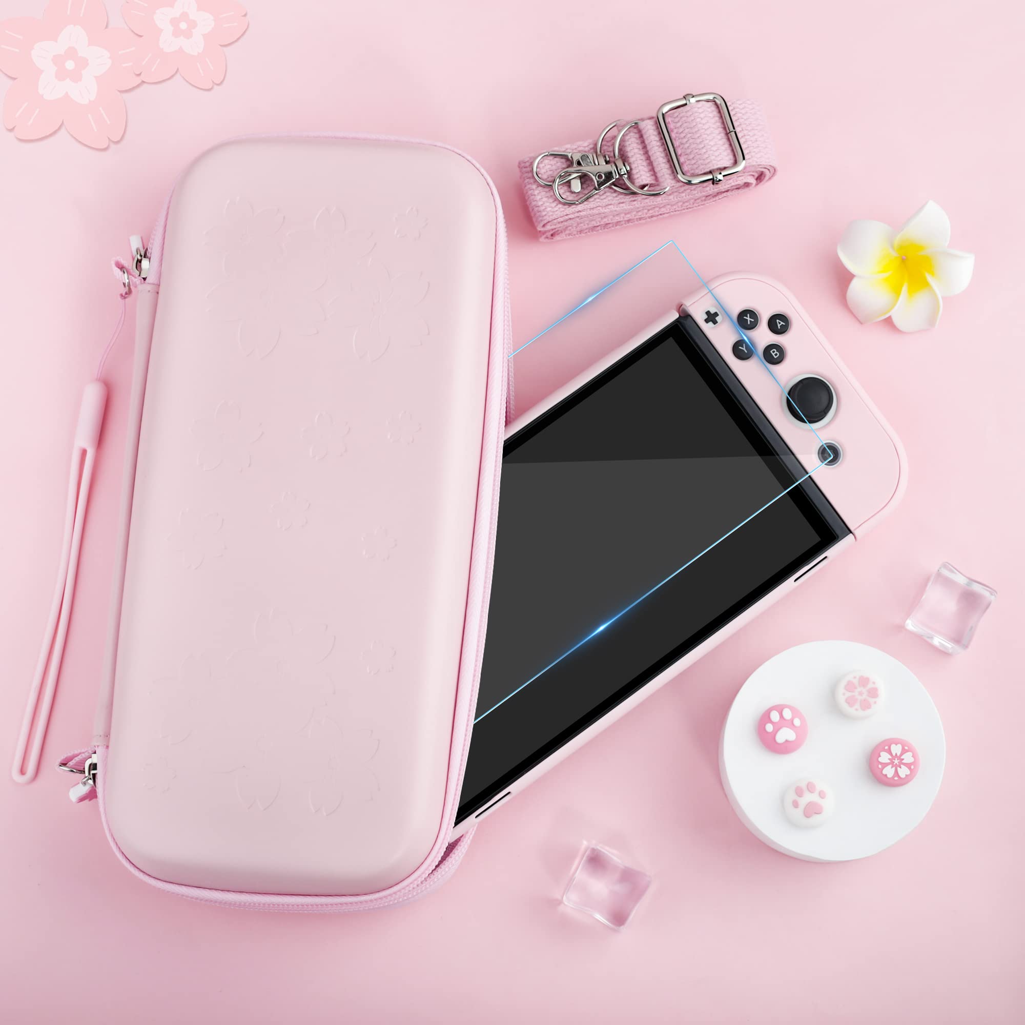 Premium Nintendo Switch OLED Accessories Bundle - Hard Shell Carrying Case with Screen Protector, 4 Thumb Grips & Shoulder Strap for Switch OLED & Joy-Con Controllers (Pink) - Perfect for Travel, Gaming On-The-Go & Console Protection