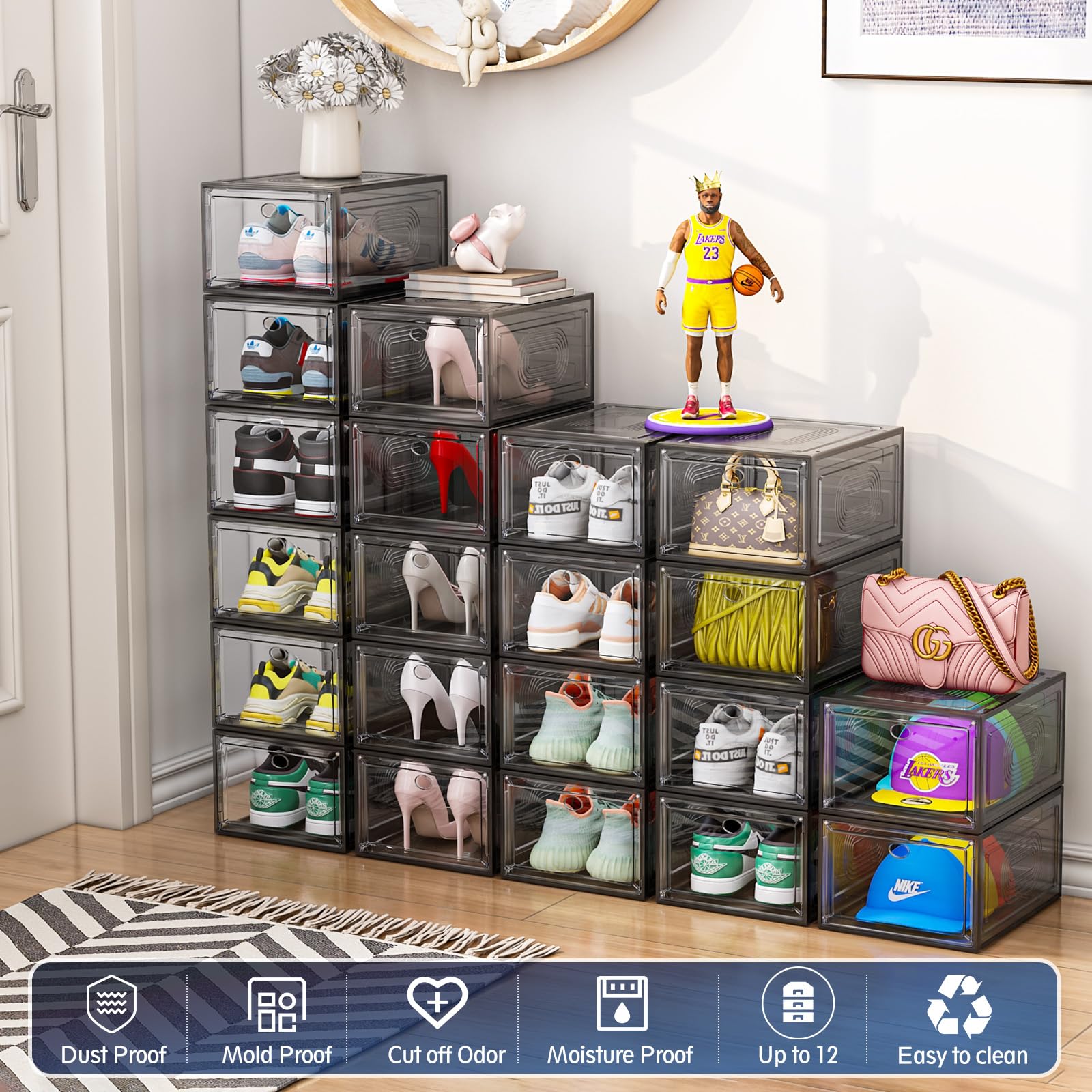 8 Pack Clear Stackable Shoe Storage Boxes with Magnetic Door - Thick Plastic Organizer for Shoes, Boots & Sneakers | Perfect for Closet Organization & Wall Display (Black)