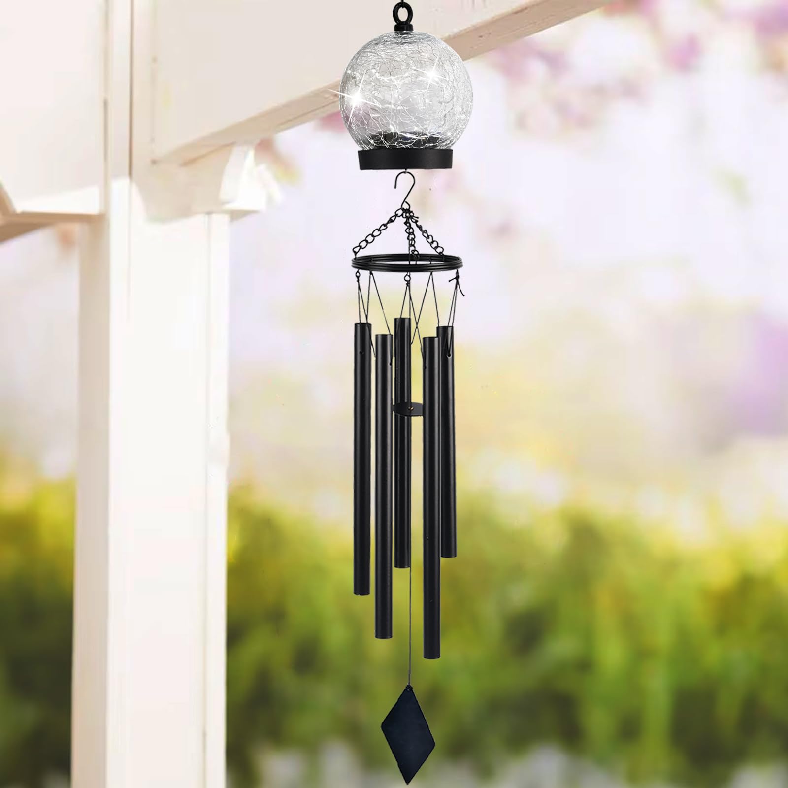 Solar-Powered Wind Chimes with 15 Blue LED Lights - 42 Inch Large Crackled Glass Ball Outdoor Decor for Garden, Yard, Patio - Perfect Sympathy Gift, Birthday Present for Women - Creates Soothing Ambiance for Relaxation & Landscape Decoration