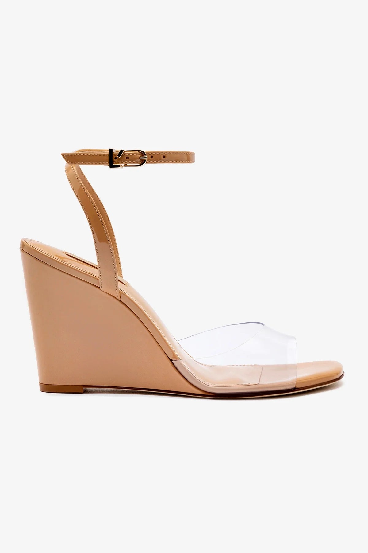Yves Wedge Sandals in Tan Patent Leather & Vinyl - Comfortable Women's Dress Shoes for Work, Weddings & Special Occasions