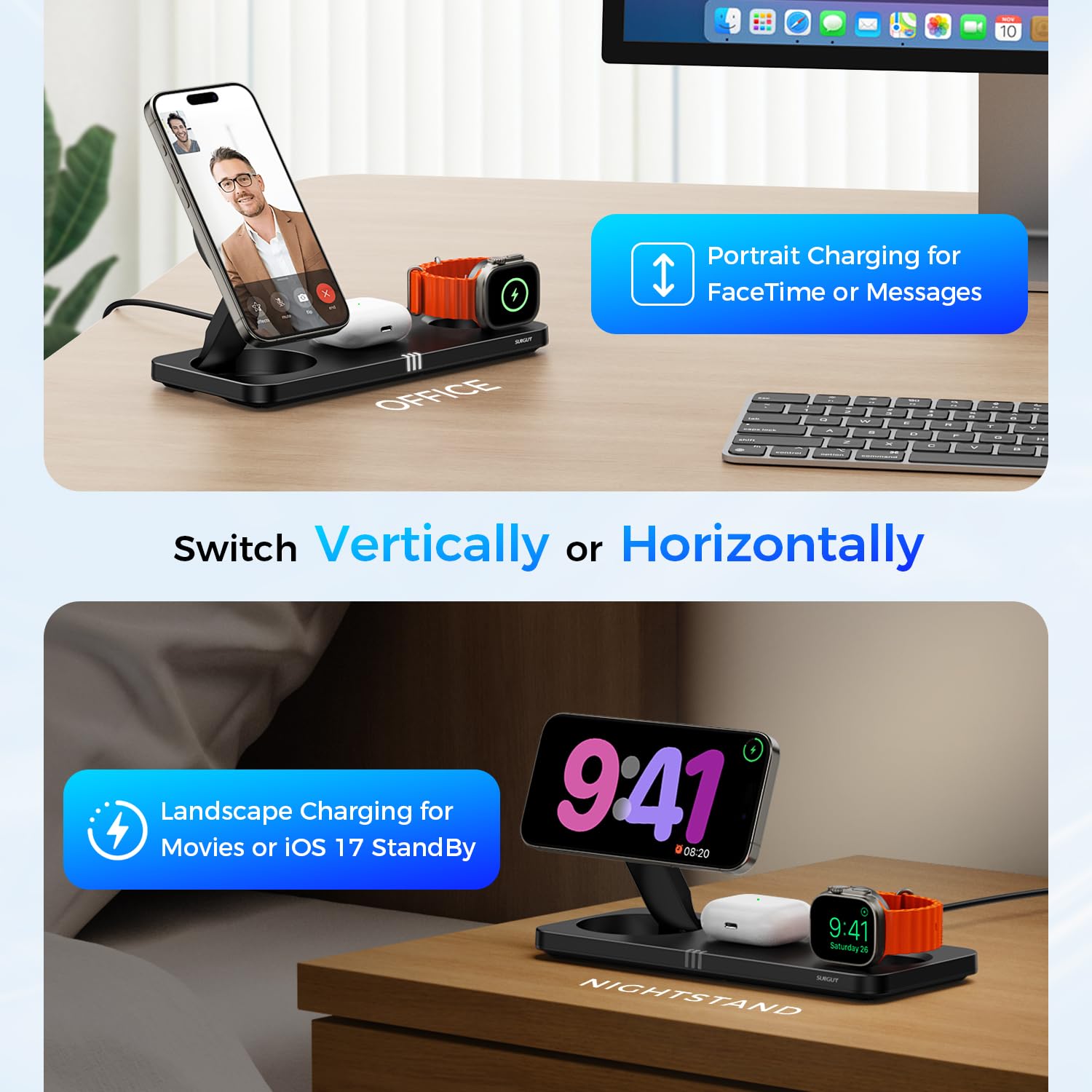 3-in-1 Wireless Charging Station for iPhone 16/15/14/13/12 Pro Max Plus, Apple Watch S10/Ultra/S2 & AirPods 4/Pro/3/2 - 15W Fast Magnetic Charger with Foldable Design | Perfect for Home, Office & Travel Use