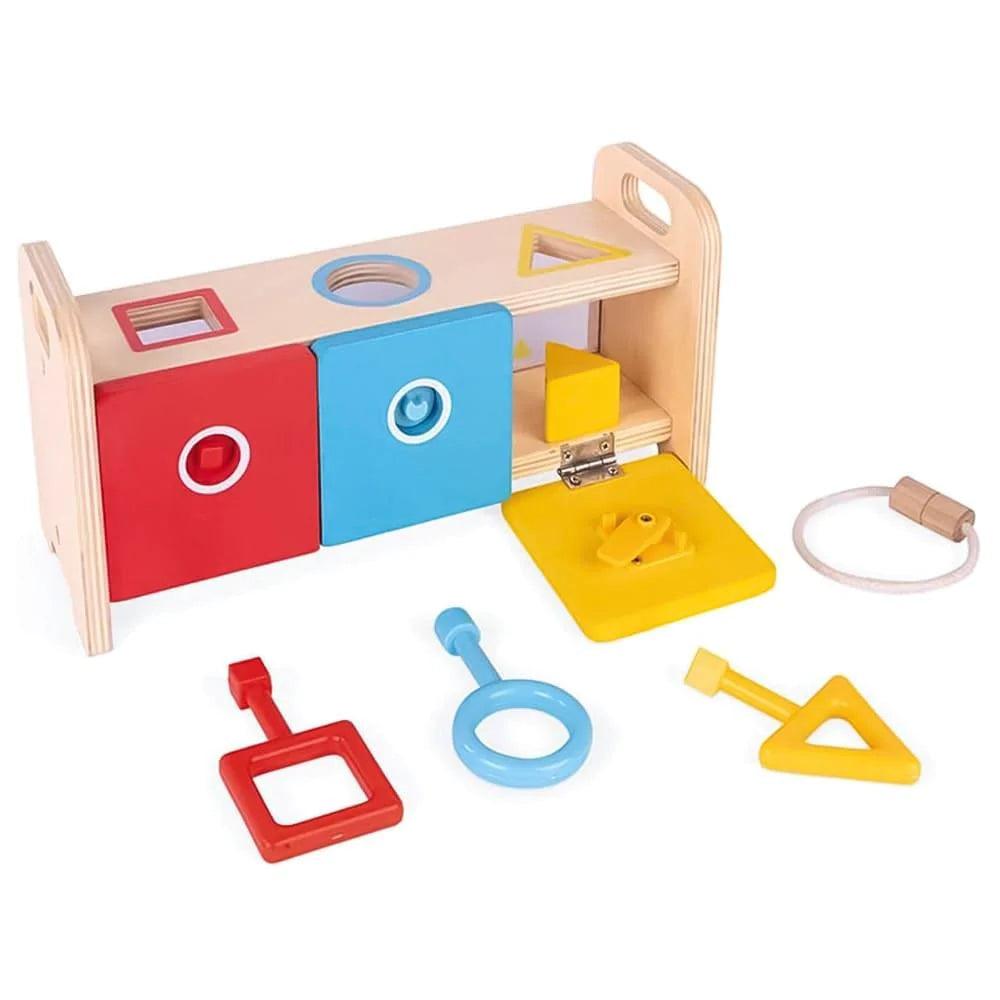 Janod Wooden Shape Sorter Toy with Keys - Montessori Learning Toy for Toddlers 1-3 Years - Colorful Geometric Shape Puzzle for Early Childhood Development - Perfect for Home, Preschool & Daycare Playtime