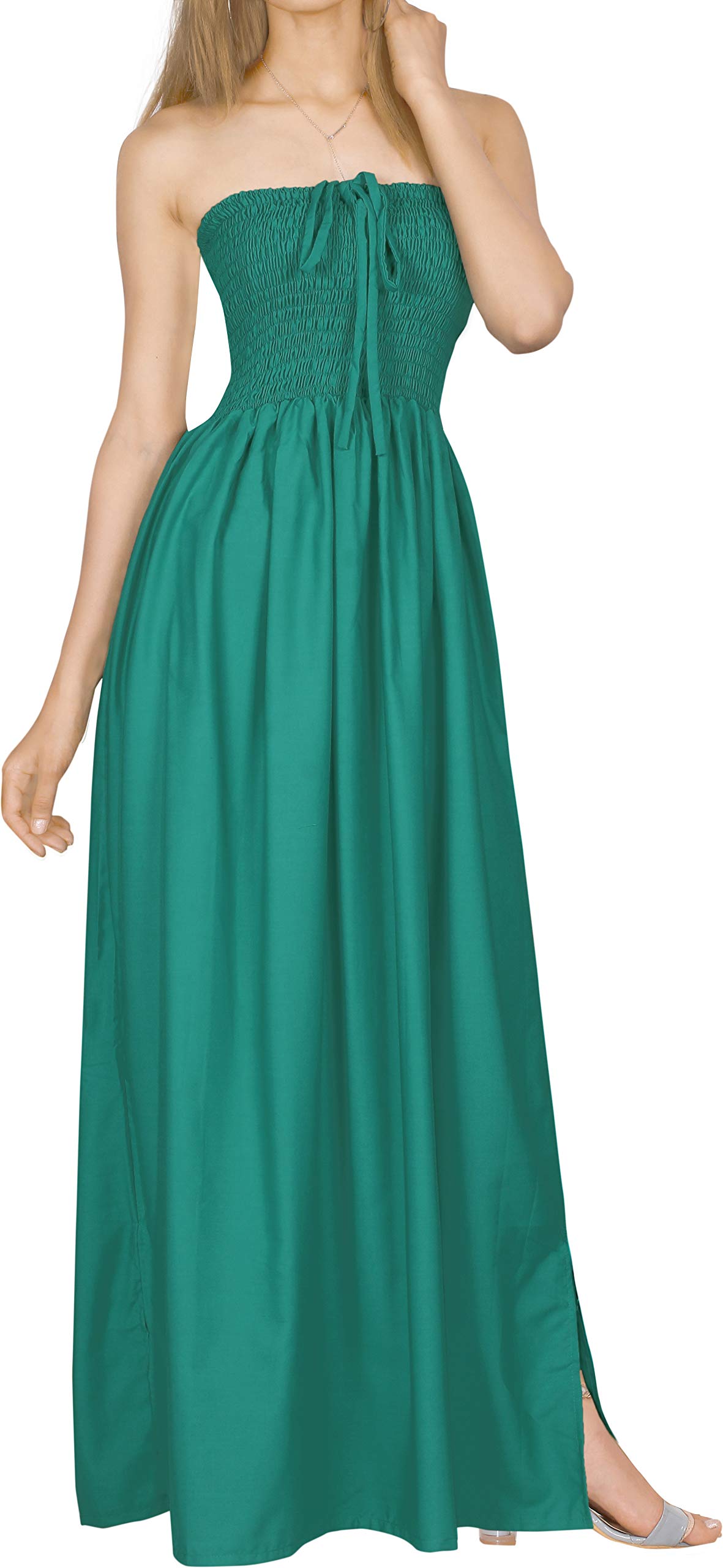 LA LEELA Women's Tube Maxi Dress - Solid Color Smock Style Summer Beach Dress for Vacation, Party & Casual Wear