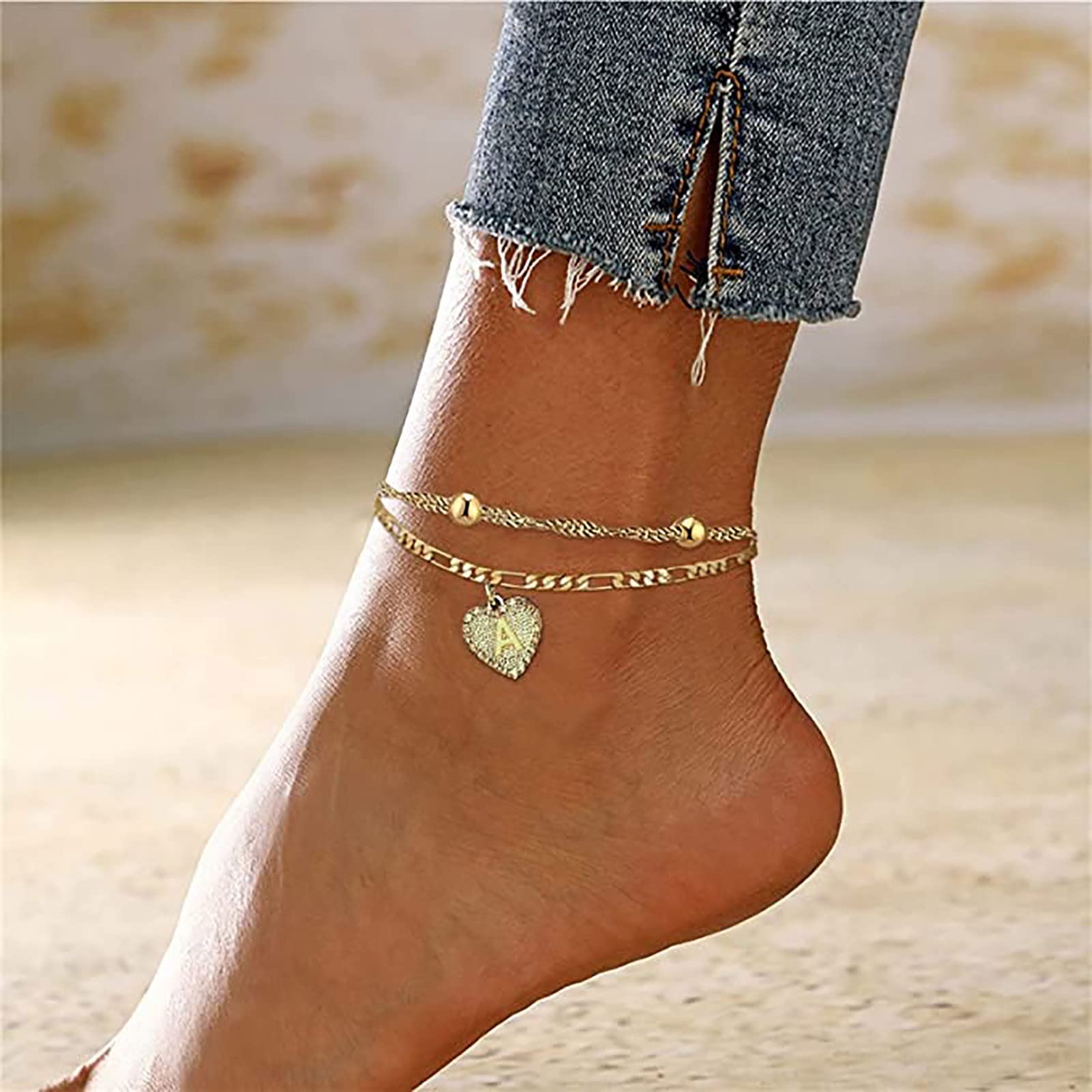Heart Initial Ankle Bracelets for Women - 26 Gold Letter Anklet, Handmade Dainty Layered Foot Chain, Double-Layer Ankle Bracelet Jewelry - Perfect for Beach, Summer Outfits & Romantic Gifts (1PC)