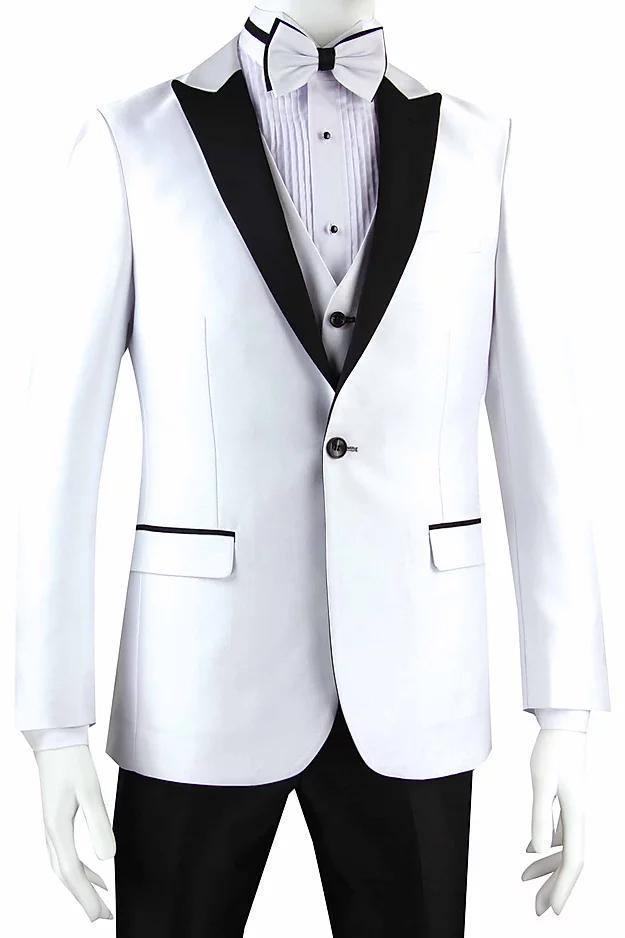 White Slim Fit Tuxedo with Black Peak Lapel & Matching Pants - Perfect for Weddings, Prom, and Formal Events