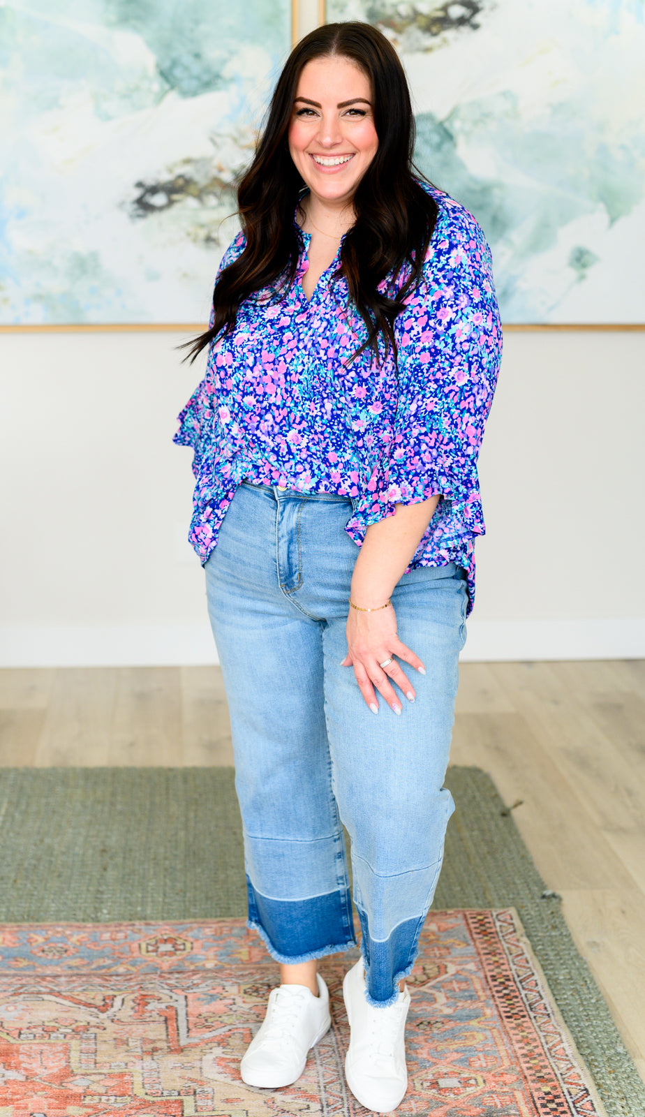 Lizzy Bell Sleeve Top Women's Navy & Pink Floral Print Blouse - Perfect for Casual Outings, Office Wear & Spring Fashion