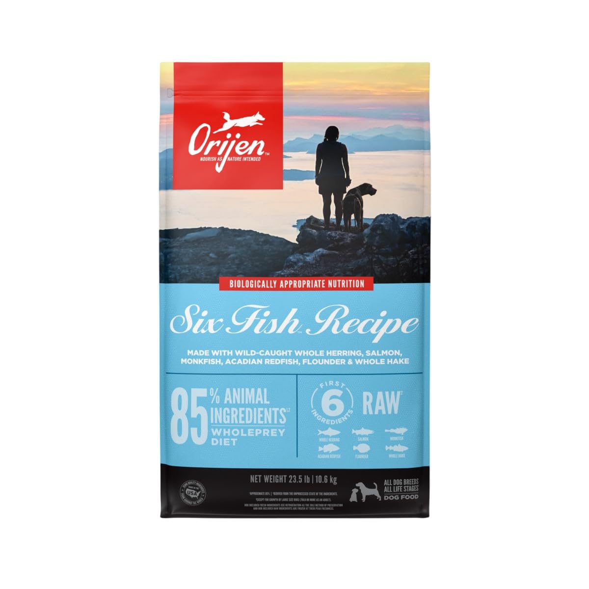 ORIJEN® Six Fish Grain-Free Dry Dog Food - High Protein, Poultry-Free Recipe with Fresh & Raw Animal Ingredients, 23.5lb Bag - Ideal for Active Dogs & Sensitive Stomachs